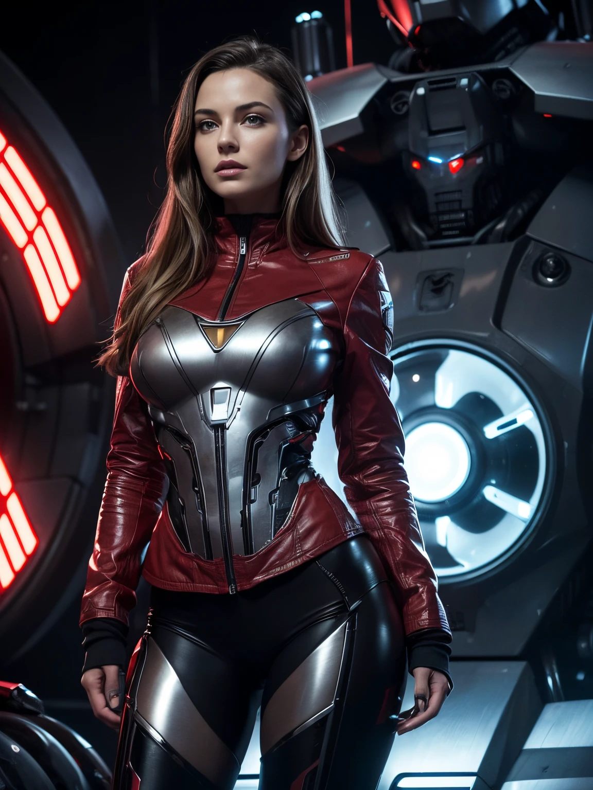 (Ultra high-definition imageidelity :1.2),Realistic,High quality,Movie Light, full body, 1 gorgeous european woman, (stands in front of a giant T800 war robot:1.3),she wears red shorts and black jacket, flirts with camera