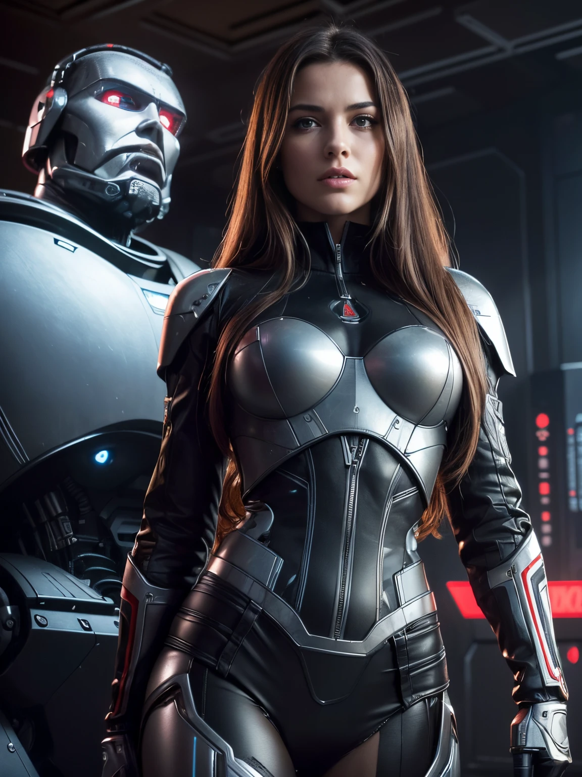 (Ultra high-definition imageidelity :1.2),Realistic,High quality,Movie Light, full body, 1 gorgeous european woman, (stands in front of a giant T800 war robot:1.3),she wears red shorts and black jacket, flirts with camera