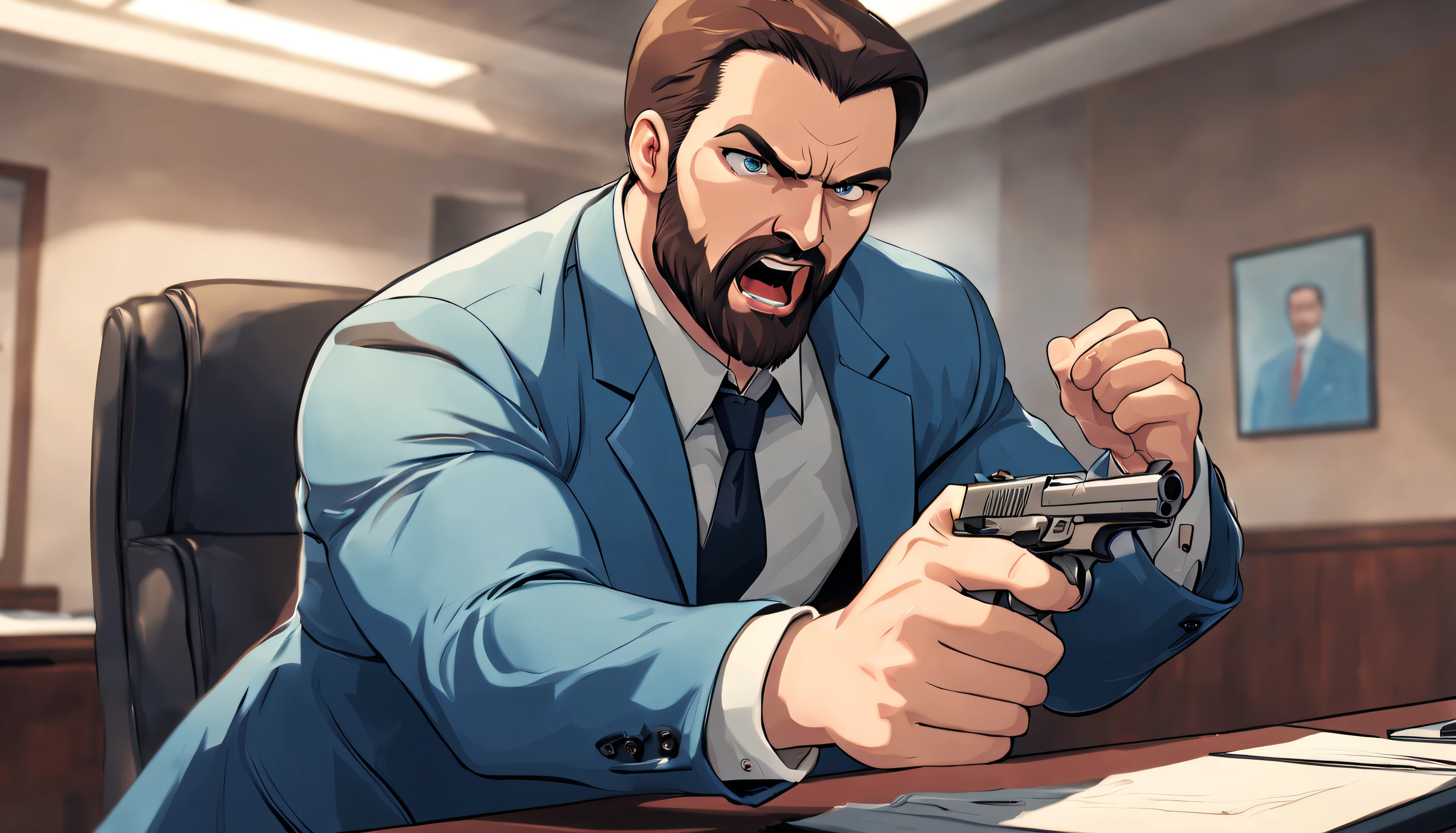 A young student named ((((argo)))) ((athletic)),muscular, with brown beard and slicked back hair, (intense, piercing) angry eyes, (strong, masculine), blue suit, thick neck ((cartoon)) is shooting a pistol and screaming in a expensive office