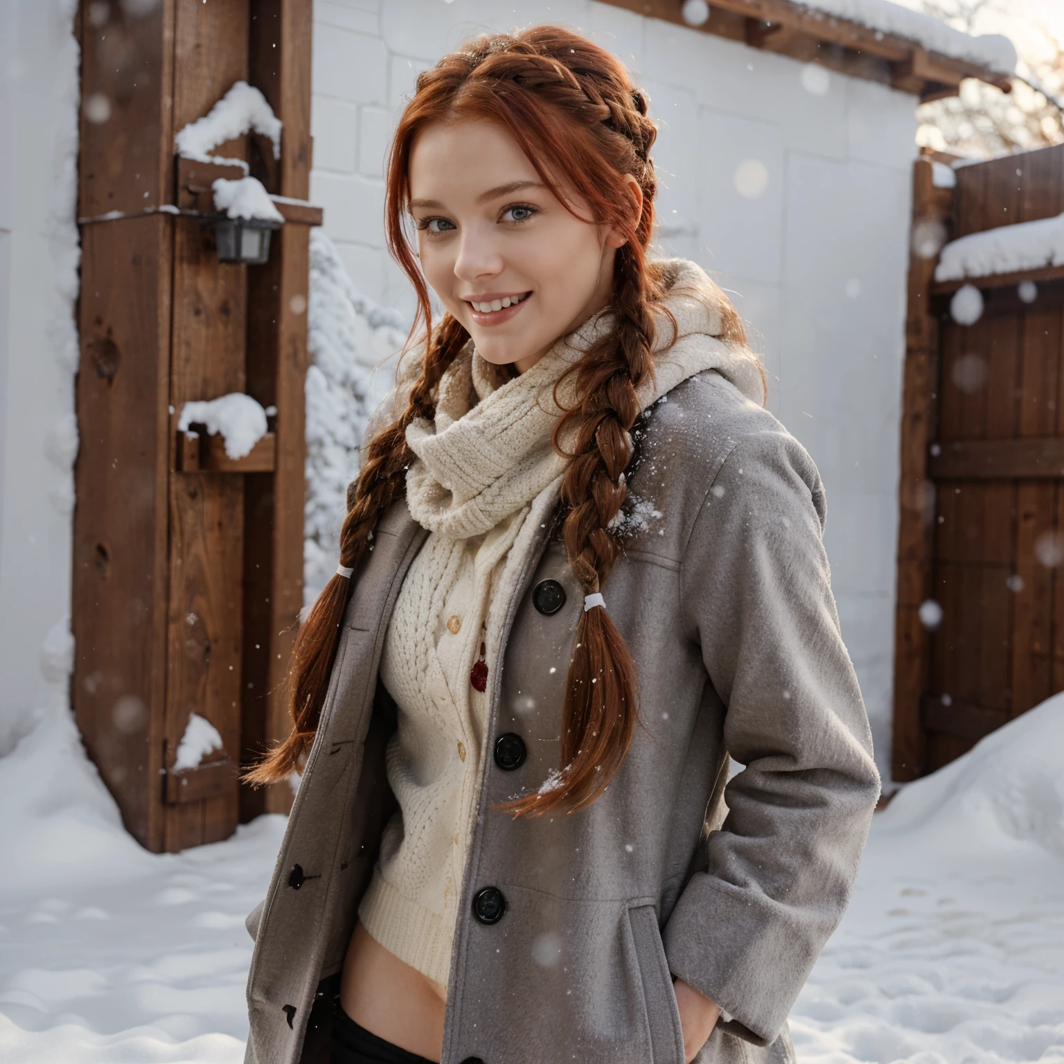 red hair, perfect woman, perfect body, winter coat, outdoor, snowing, snow, happy, in a snowfight, laughing, big braid, long hair, model, big scarf, beautiful sun light, sun rise