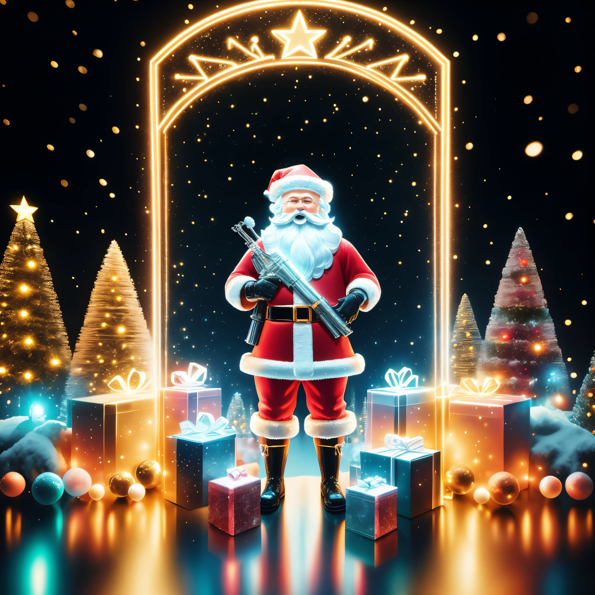 1 transparent glowing mechanical Santa Claus,Take the AK47,Carrying a rucksack,futuristic santa clauechanical Union Christmas City Background,model shoot style, (extremely detaild的 CG unified 8k wallpapers), hyper realisitc, 8K, super detailing, Best quality at best, Award-Awarded, Anatomically correct, 16k, super detailing
