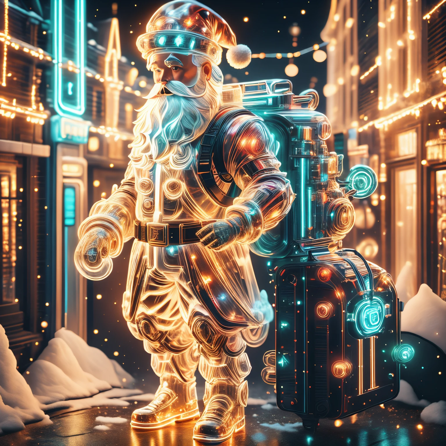 1 transparent glowing mechanical Santa Claus，Holding an AK47，Carrying a rucksack，futuristic santa claus，Colorful transparent luminous plastic，Christmas decorations，luminous neon lightechanical Union Christmas City Background，model shoot style, (extremely detaild的 CG unified 8k wallpapers), The beauty of abstract style,，hyper realisitc, 8K, super detailing, Best quality at best, Award-Awarded, Anatomically correct, 16k, super detailing