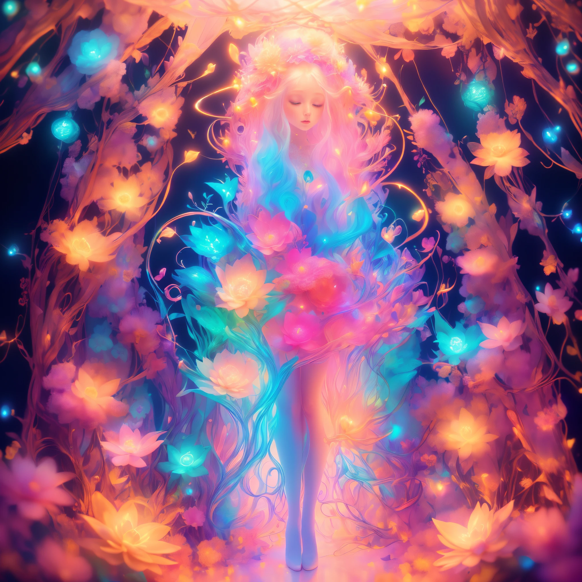 (Best quality at best, 8K, A high resolution, tmasterpiece:1.2), ultra - detailed, (actual, realistically:1.37), vibrant with colors, magical ambiance, Whimsical, (((Woman flower, an epiphyllum, an extremely beautiful bright flower, indescribable beauty, a transparent and luminous flower))), (Ghibli-like colours, first-person view, UHD, masterpiece, ccurate, anatomically correct, textured skin, super detail, high details, high quality, award winning, best quality, 8k))), Surreal, Psychedelic, Complicated details, Beautiful texture, Ethereal, like a dream, Soft glowing light, Charming Patterns, fantastical creature, Hidden surprises, dreamy night-blooming cereus, Surreal color palette, Mystic aura, hyper realisitc, Enchanting journey, psychedelic trip, vivid imagination, immersive experience, mysterious flower, otherworldly charm, glowing paths, Light up the magical flowers, surreal sky, Whimsical plants, a magical encounter,Fascinating artwork