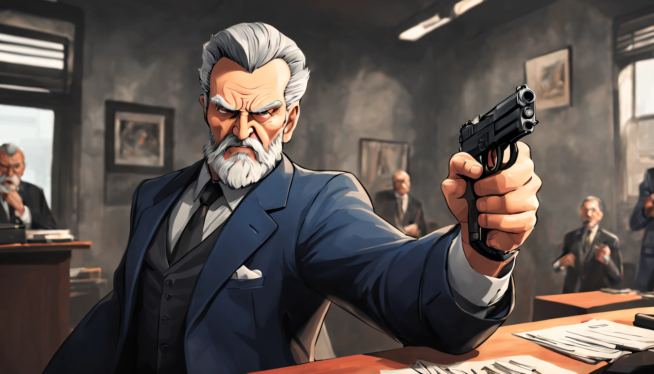 A mafia boss called ((((Azok)))) ,old, strong, bearded, grey suit, detailed face, gray hair and beard, intense gaze, commanding presence, wise expression, wrinkled skin, textured aging, confident posture, firm stance ((cartoon)) is shooting a pistol and screaming in a expensive office