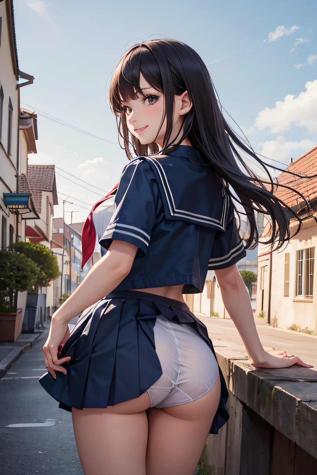 Very cute and beautiful girl,,(very detailed beautiful face and eyes:1.2),Seifuku,Smile,(Navy blue pleated mini skirt),
Cowboy Shot,(Looking back,from behind),Leaning forward,From below,White panties,
many european houses with red roofs,(Town overview),Detailed landscapes,
Black hair,(Best Quality,masutepiece:1.2),Intricate details,Extremely detailed,8K resolution,Solo,Natural lighting,
Hair fluttering in the wind,Beautiful detailed sky,(Realistic),