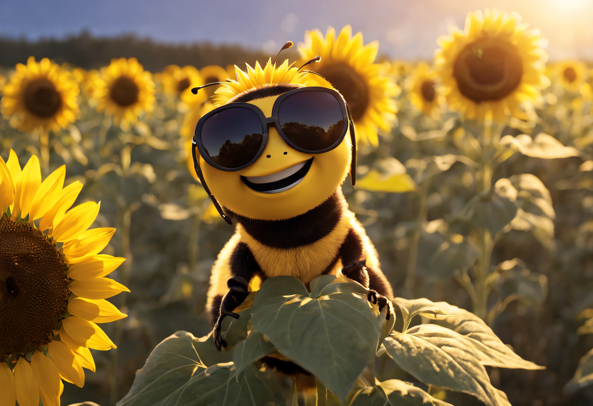 Close-up of a very flirty bee with sunglasses on top of a sunflower. Backlit construction scene.pixar cartoon style