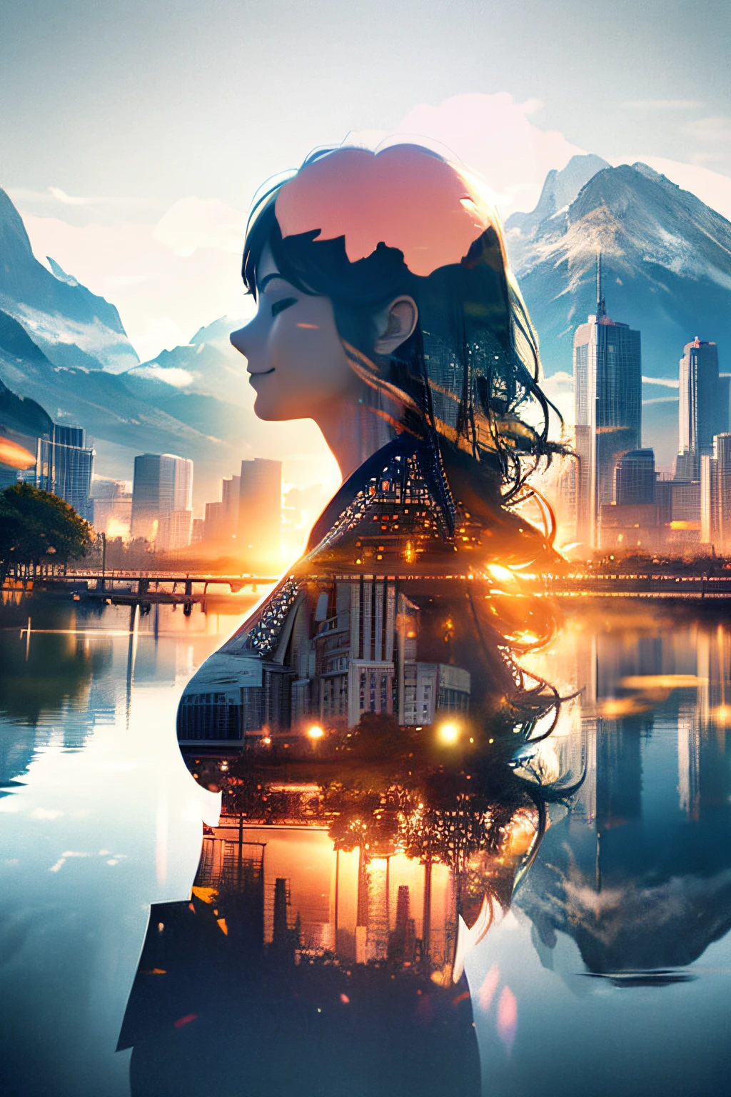 photoRealstic、((Super multiple exposure effect where the background can be seen through the clothes))、girl with、A smile、Lakeside in the background、Wonderful、towards the night view, If you leave the shutter open for a long time、create a line of light.