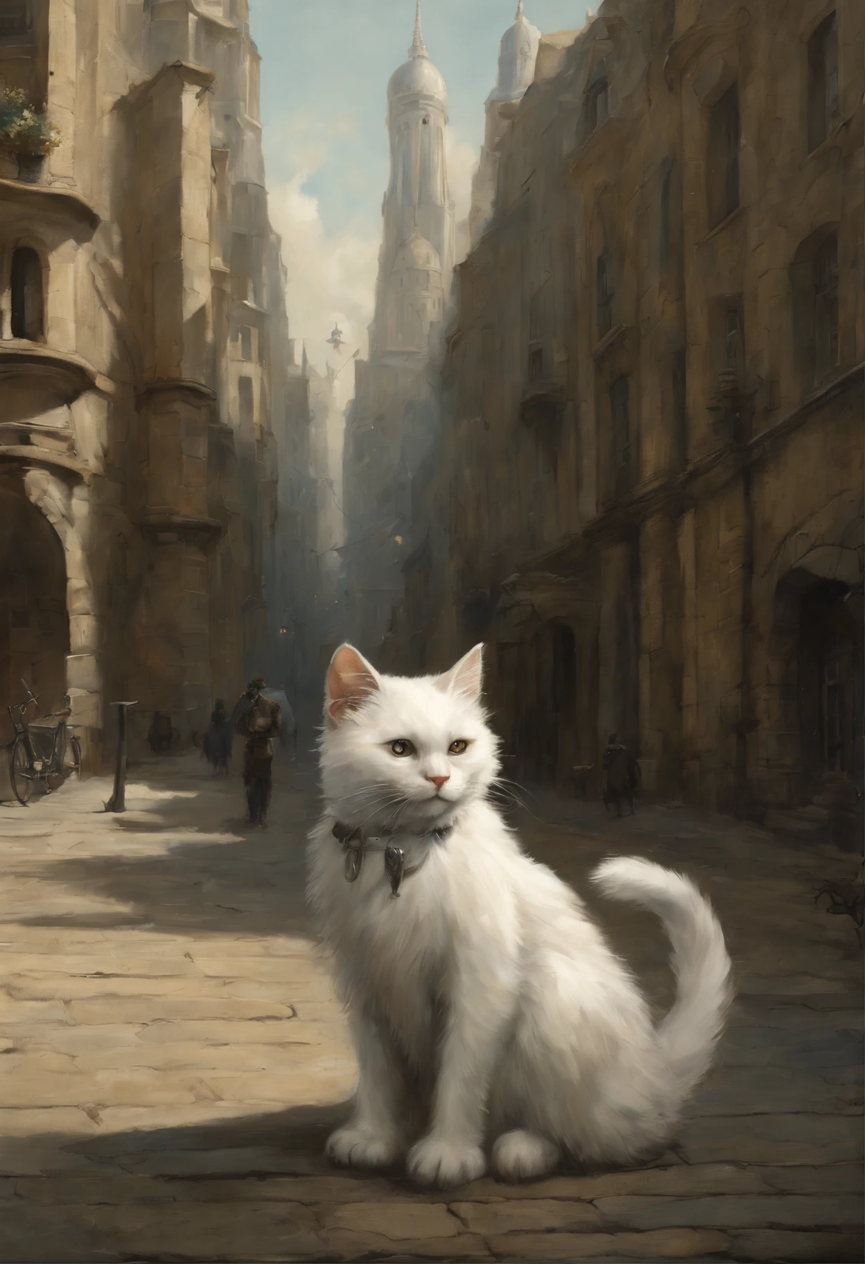 真实感, dark fantasy style, John Tolkien style, Small painting by Jean-Baptiste Monge, fluffy white cat boy, Looks like a cat, In a short black leather jacket....., Jeans, Standing next to a motorcycle, The city, megalopolis, city trail, big house, glass skyscraperJean-Baptiste Monge, anthropomorphic --ar 2:3 --testp -optimistic;