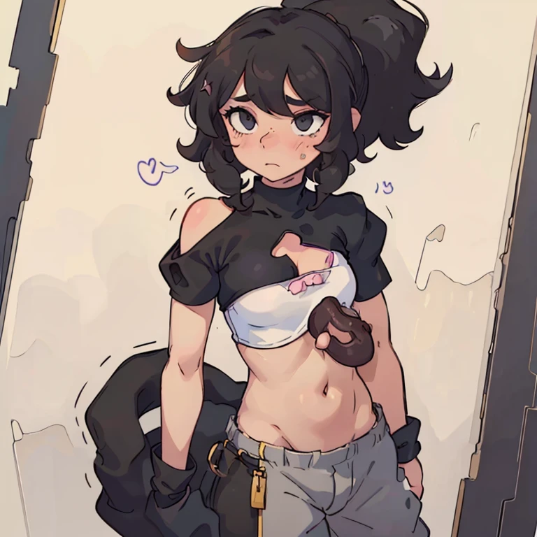 A femboy with short, curly, black hair having a flustered face. Wearing a tight crop top and his veiny dick hanging out.