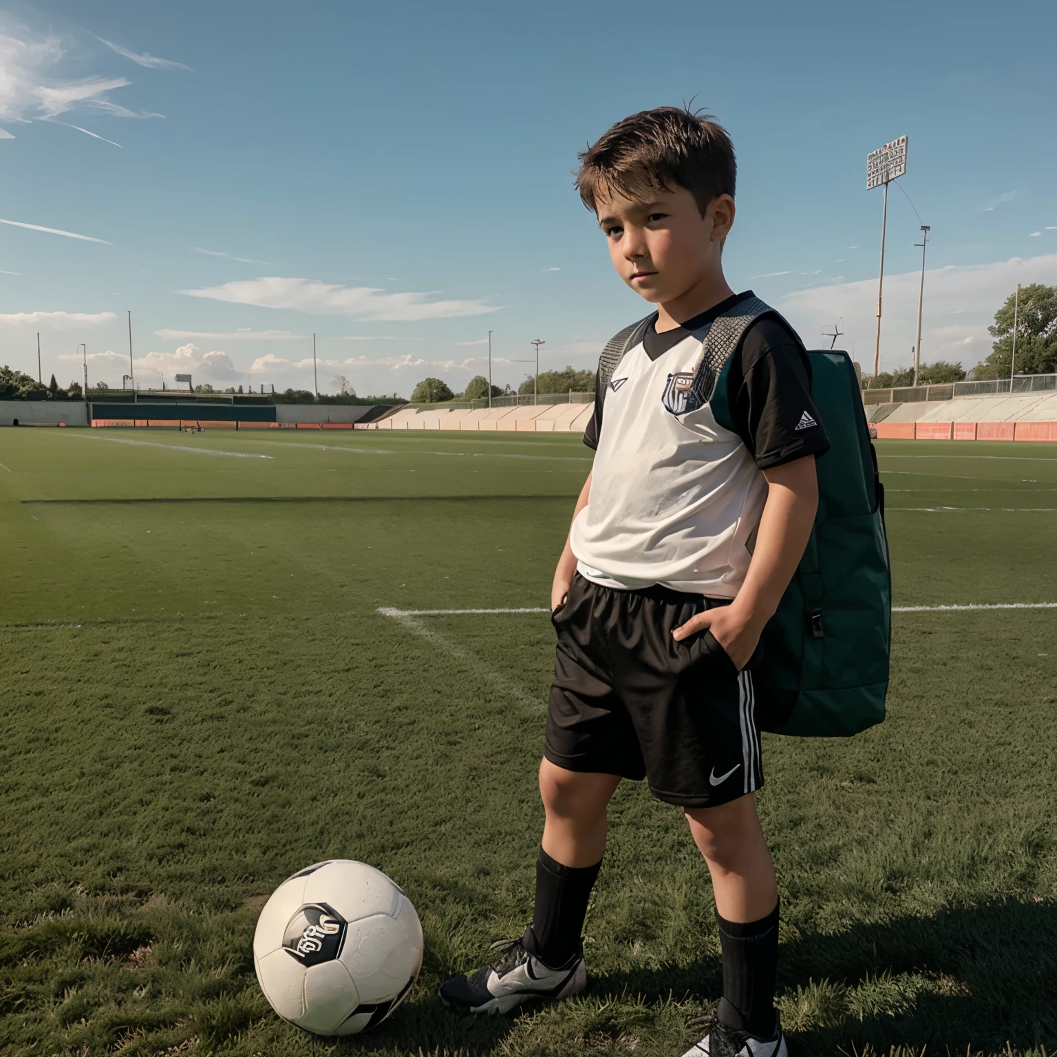 Boy with football boot in hand with the field far away