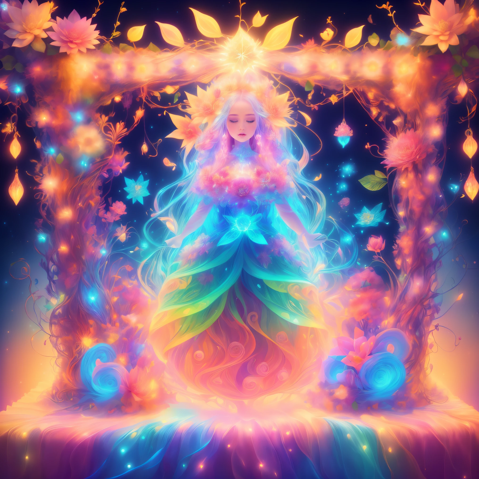(Best quality at best, 8K, A high resolution, tmasterpiece:1.2), ultra - detailed, (actual, realistically:1.37), vibrant with colors, magical ambiance, Whimsical, (((Woman flower, an epiphyllum, an extremely beautiful bright flower, indescribable beauty, a transparent and luminous flower))), (Ghibli-like colours, first-person view, UHD, masterpiece, ccurate, anatomically correct, textured skin, super detail, high details, high quality, award winning, best quality, 8k))), Surreal, Psychedelic, Complicated details, Beautiful texture, Ethereal, like a dream, Soft glowing light, Charming Patterns, fantastical creature, Hidden surprises, dreamy night-blooming cereus, Surreal color palette, Mystic aura, hyper realisitc, Enchanting journey, psychedelic trip, vivid imagination, immersive experience, mysterious flower, otherworldly charm, glowing paths, Light up the magical flowers, surreal sky, Whimsical plants, a magical encounter,Fascinating artwork