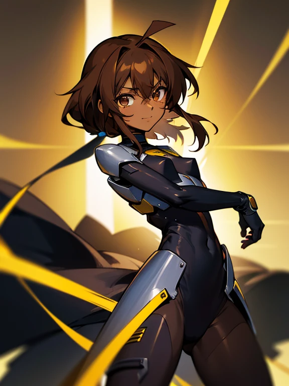 (((Dark skin))), (otokonoko), 1 male, cute, young, (beautiful boy) (medium dark brown hair with ahoge)), hazel eye colour, flat chested) wearinagical Girl Lyrical Nanoha StrikerS: Vivio Takamachi long black barrier jacket black armoured bodysuit outfit black exosuit legging black gloves, black trenchcoat, cute smile, close up, golden accents (x suit)