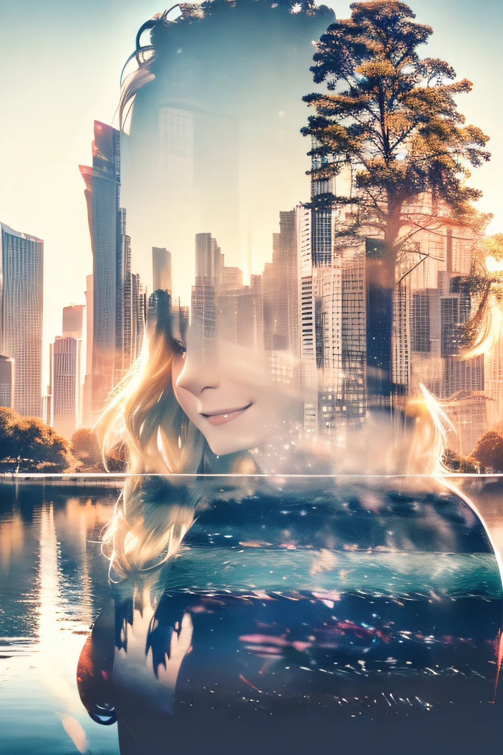 photoRealstic、((Super multiple exposure effect where the background can be seen through the clothes))、girl with、A smile、Lakeside in the background、Wonderful、towards the night view, If you leave the shutter open for a long time、create a line of light.
