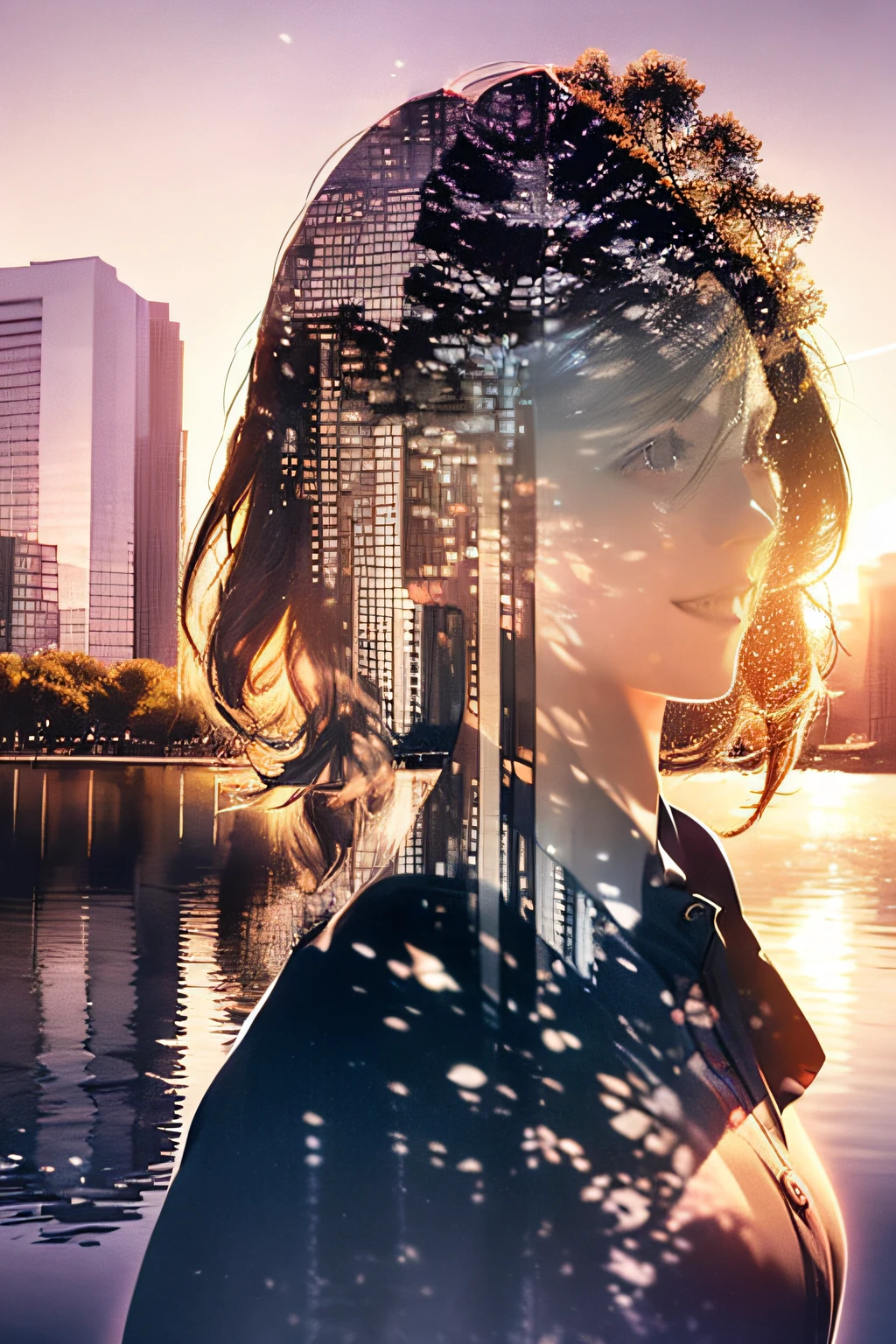 photoRealstic、((Super multiple exposure effect where the background can be seen through the clothes))、girl with、A smile、Lakeside in the background、Wonderful、towards the night view, If you leave the shutter open for a long time、create a line of light.