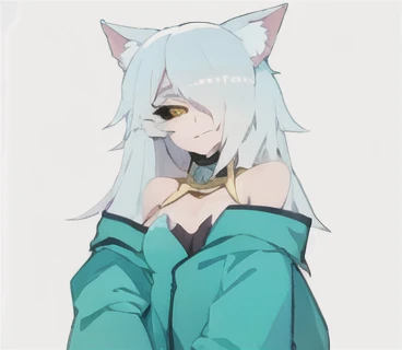 Cartoon drawing of a woman with white hair and a green sweater, [[[[sonriendo malvado]]]], Hembra Fursona, Chica de anime con cabello verde azulado, Anime Catgirl, Fursona!!!!, zorro blanco de pelo, Holo es una chica lobo, Fursona con ropa elegante, Chica anime con orejas de gato, en un estilo anime, unknown artstyle