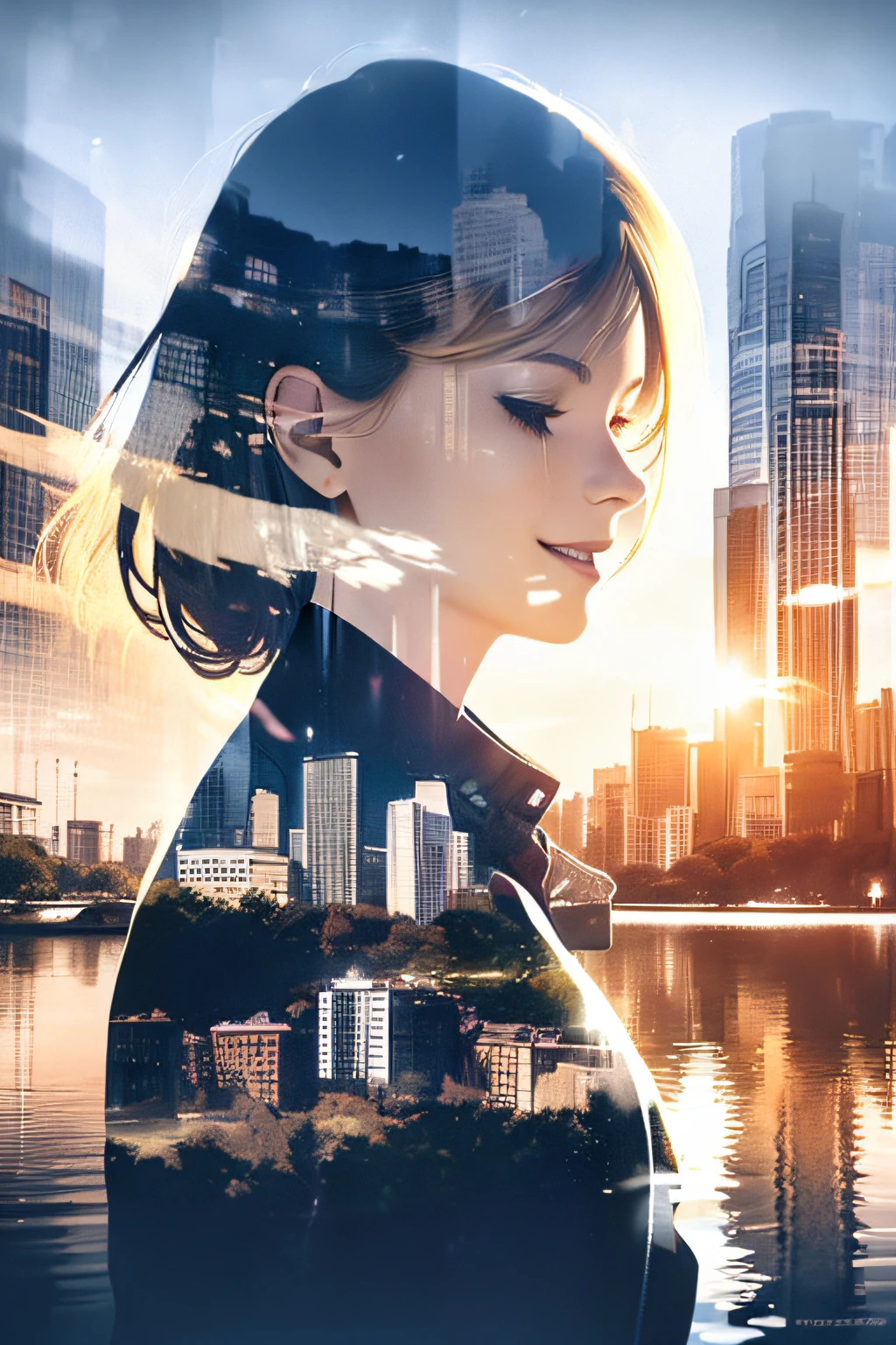 photoRealstic、((Super multiple exposure effect where the background can be seen through the clothes))、girl with、A smile、Lakeside in the background、Wonderful、towards the night view, If you leave the shutter open for a long time、create a line of light.