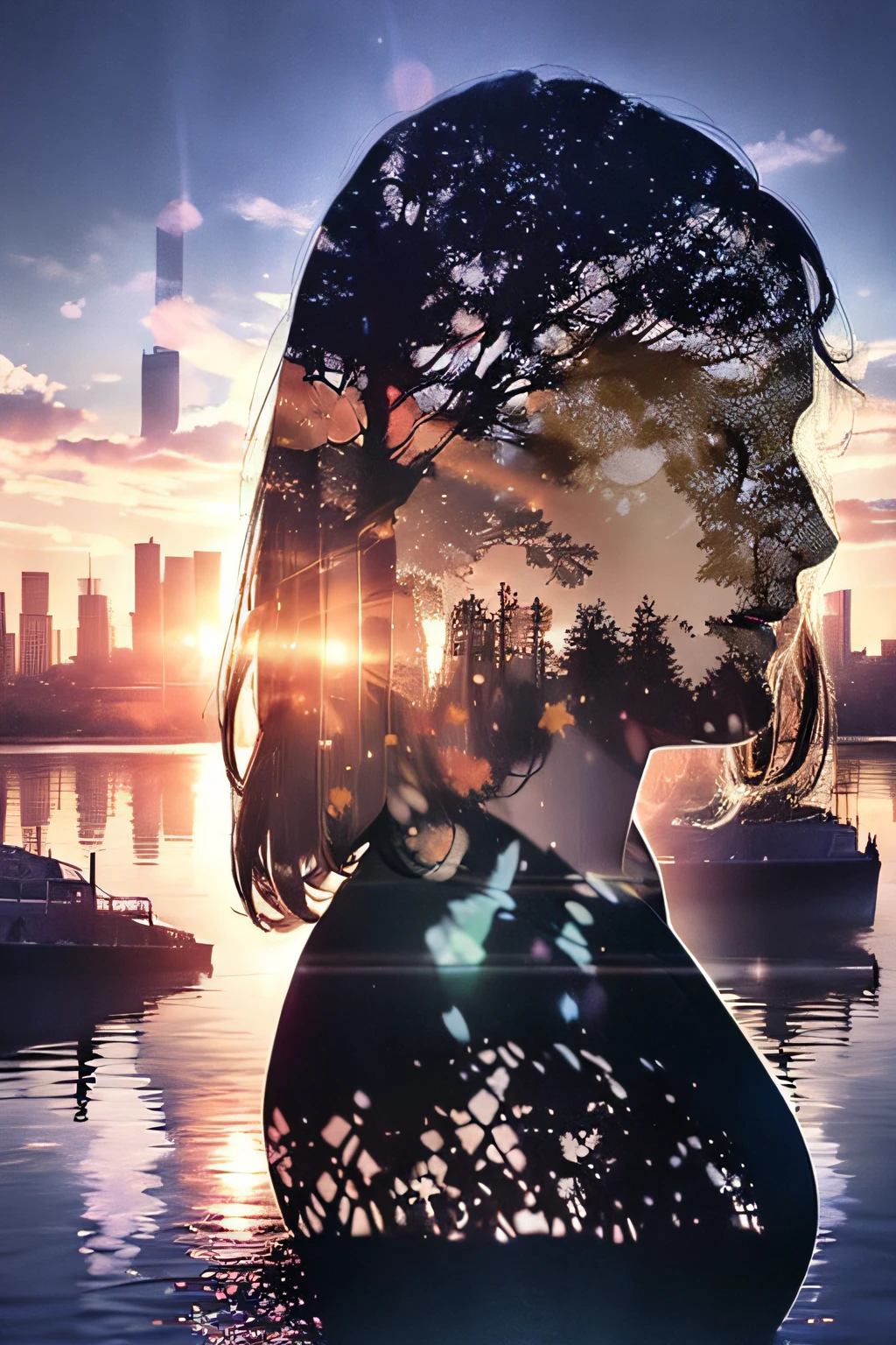 photoRealstic、((Super multiple exposure effect where the background can be seen through the clothes))、girl with、A smile、Lakeside in the background、Wonderful、towards the night view, If you leave the shutter open for a long time、create a line of light.