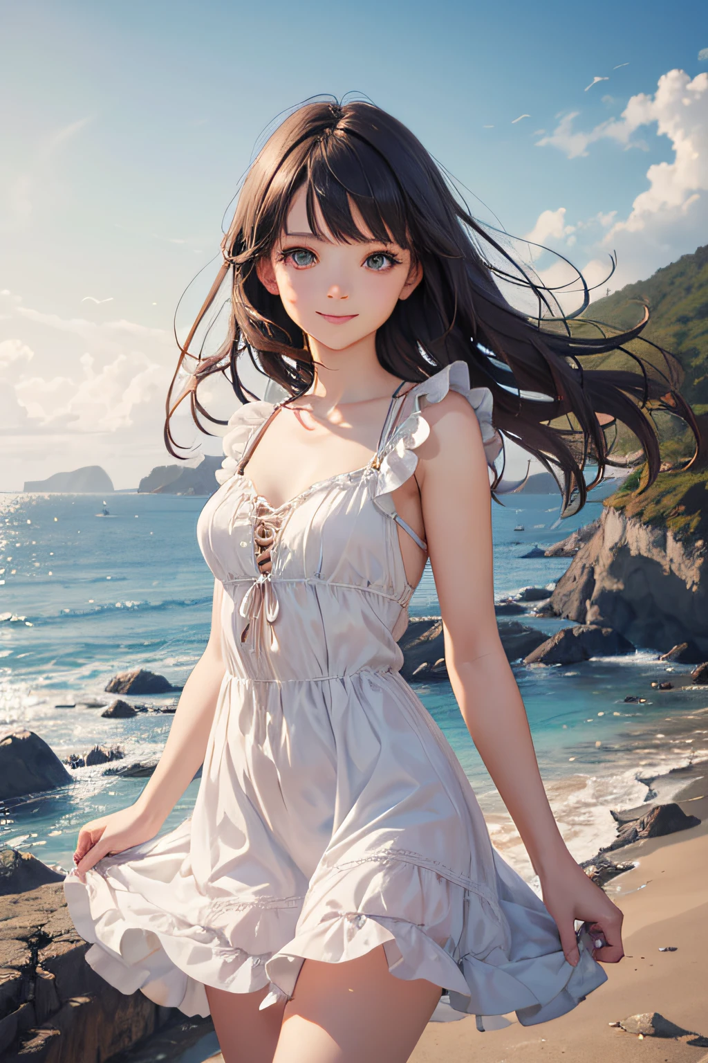 Very cute and beautiful girl,white sundress with small ruffles,(very detailed beautiful face and eyes:1.2),
Cowboy Shot,Detailed legs,Smile,Black hair,Dynamic Pose,Dynamic Angle,Looking at Viewer,
Beach,steep cliff in the distance,(Best Quality,masutepiece:1.2),(Intricate details),Extremely detailed,hight resolution,
1 girl,Solo,Natural lighting,Hair fluttering in the wind,Beautiful detailed sky,(Realistic),