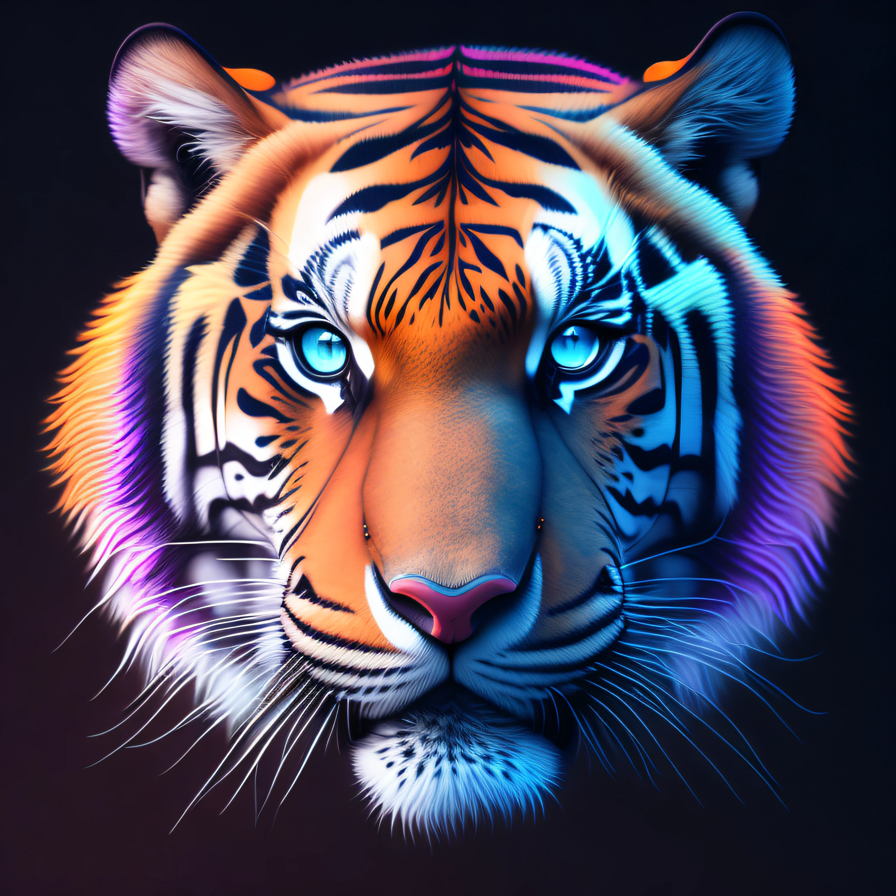 intricate and colorful, (digital painting:1.2) tiger's head, bright neon fur, portrait, concept art, octane render, trending on artstation, neon-noir background, iolibt, vfx, Blender and Photoshop, octane render, excellent composition, cinematic atmosphere, dynamic dramatic cinematic lighting, aesthetic, very inspirational, arthouse,(dark plain black background:1.4))