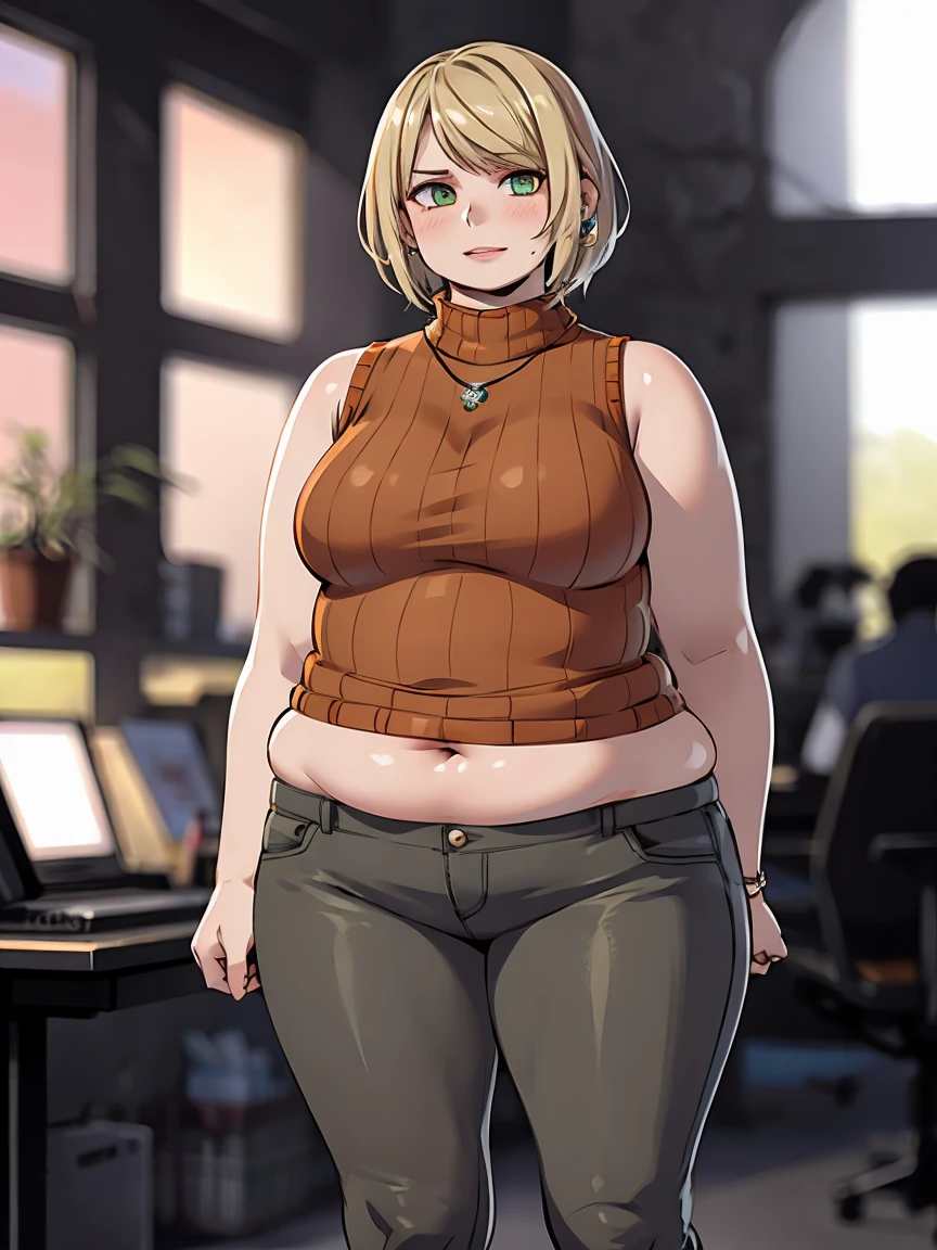 masterpiece , 4K, high quality, perfect anatomy, perfect eyes, very chubby 1girl, blurry, photo_\(medium\), realistic, short_hair, sleeveless, solo, looking_at_viewer, plump body, blonde_hair, shirt, bare_shoulders, jewelry, light green eyes, full body, navel sample, parted_lips, necklace, sweater, lips, turtleneck, bob_cut, sleeveless_turtleneck, orange_shirt, fat Ashley, 3d,