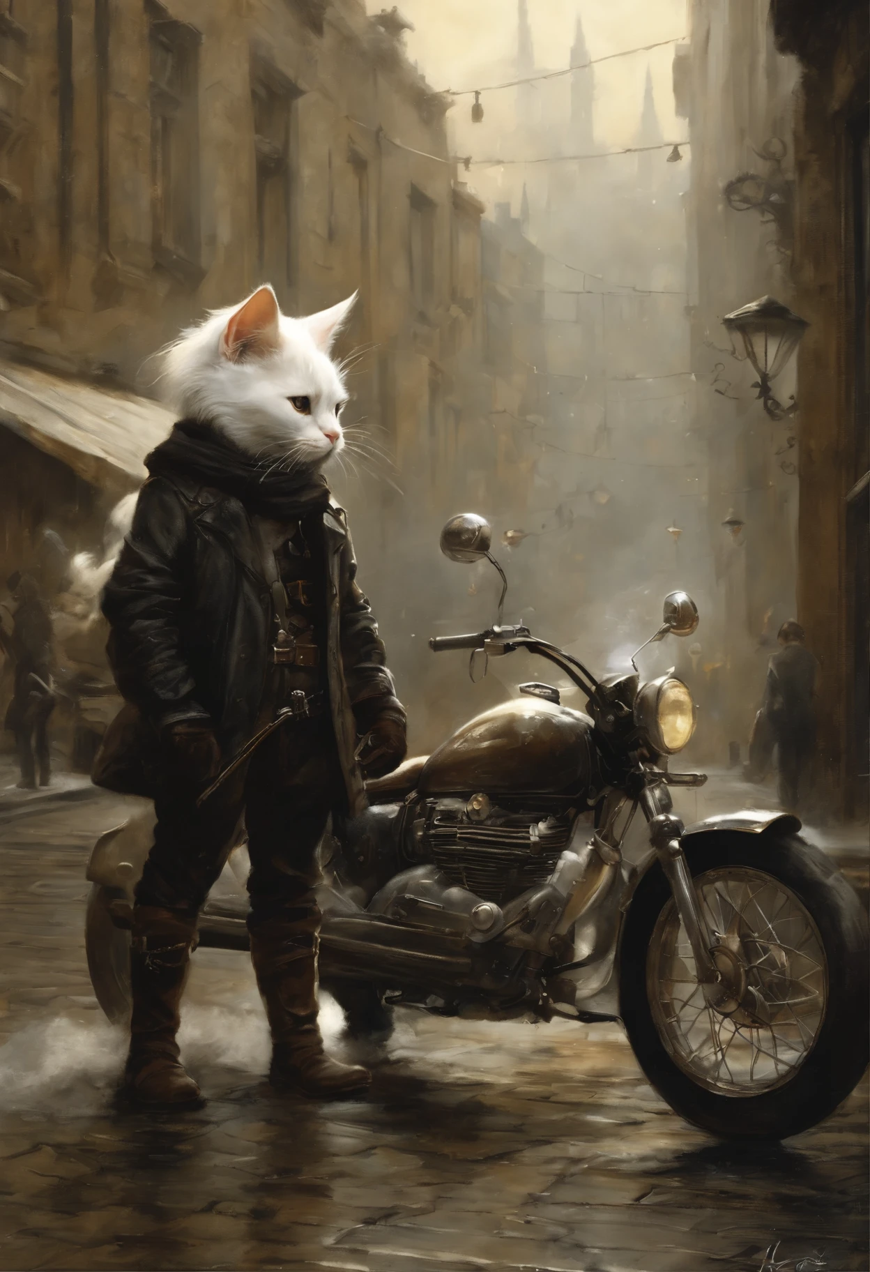 真实感, dark fantasy style, John Tolkien style, Small painting by Jean-Baptiste Monge, fluffy white cat , In a short black leather jacket....., Jeans, Standing next to a motorcycle, The city, megalopolis, city trail, big house, glass skyscraperJean-Baptiste Monge, anthropomorphic --ar 2:3 --testp -optimistic;