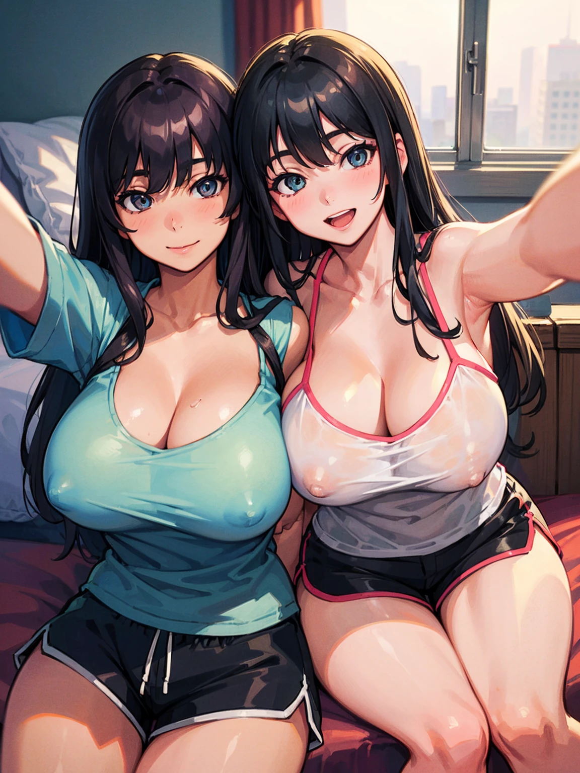 realistic, 2girls, selfie, body close together, looking up, cleavage emphasis, cleavage enhancement, mouth wide open, smiling, face extra large zoom, sitting on bed, sexy, (covered nipples), (camisole), (shorts), (dolphin shorts)