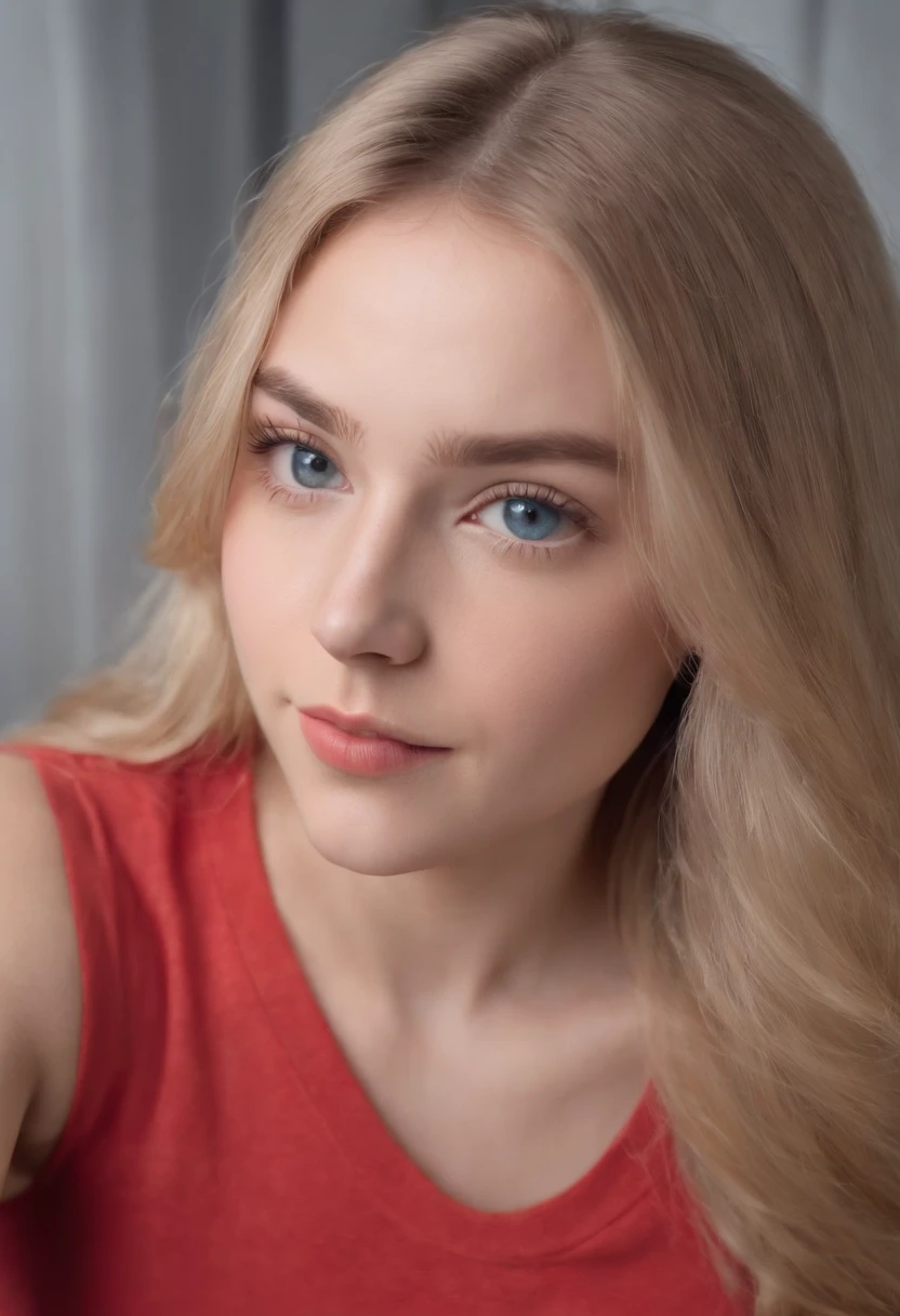 RAW photo in sequence, a photo of a 16-year-old teenager, ((selfie from the full upper body of the body, happy)), full length, detailed photos, detailed, studio photo, natural light, HDR, realistic photos, professional photos, professional photos, visual sexy, photorealista, natural skin, 8k UHD, high quality, filmic grain, Fujifilm XT3, blonde hair, blue eyes, Olivia Dunn, Detailled touch, red collared shirt, face straight to camera