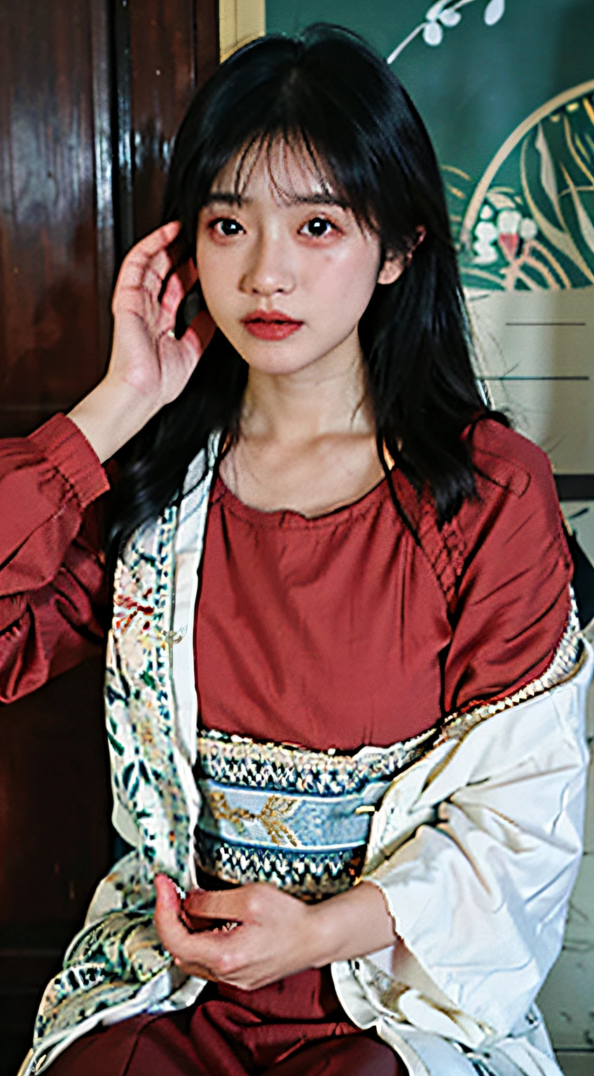 比基尼、sandbeach、standing back、fully body photo,in the background bokeh,Not facing the audience head-on,Red clothes,Surreal female portraits by David Hockney and Alphonse Mucha, Fantasyart, photographyrealism, The facial details are particularly rich, Eyes Glamor Costume: 1.4), grey long hair,Bust D,Vaguely visible ,The focus should be on their meticulous eyes, awas, and beautiful eyes, beautiful detailed lips, Extremely detailed eyes and face