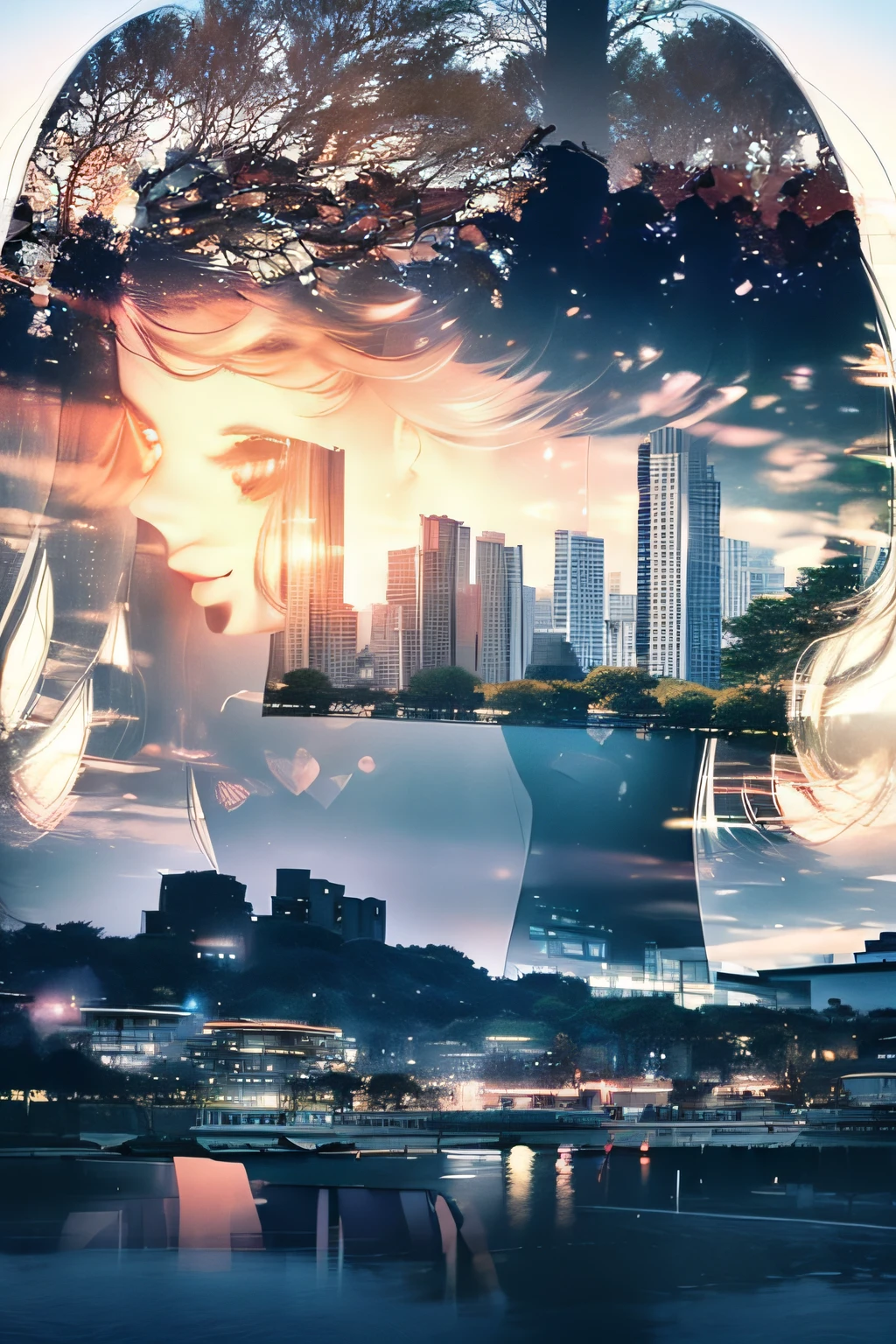 photoRealstic、((Super multiple exposure effect where the background can be seen through the clothes))、girl with、A smile、Lakeside in the background、Wonderful、towards the night view, If you leave the shutter open for a long time、create a line of light.