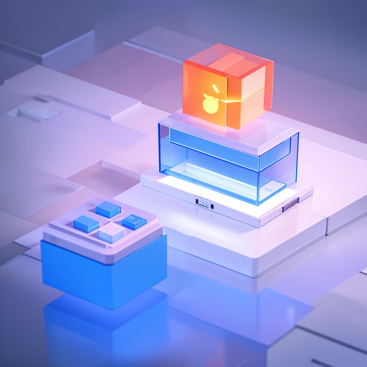best qualityer,detail-rich,4k,blender,octane render,C4D,transparent glass texture,DDicon,blue|orange,Frosted glass,Transparent sense of technology,industrial design,white backgrounid,lamplight,rays of sunshine,planar,Minimalist,Skeuomorphism，轴对称，data，cubes，alarm bell，