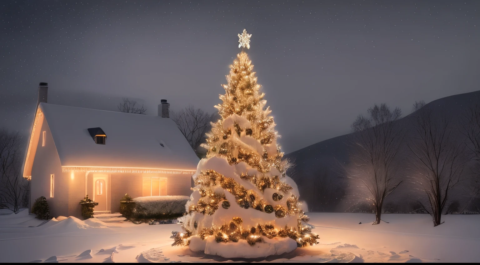 (Top Quality), (clear image), beautiful christmas tree, holiday, it&#39;s evening outside, It's snowing, lonely house in the background, light comes from the windows, nightfall, very extremely beautiful