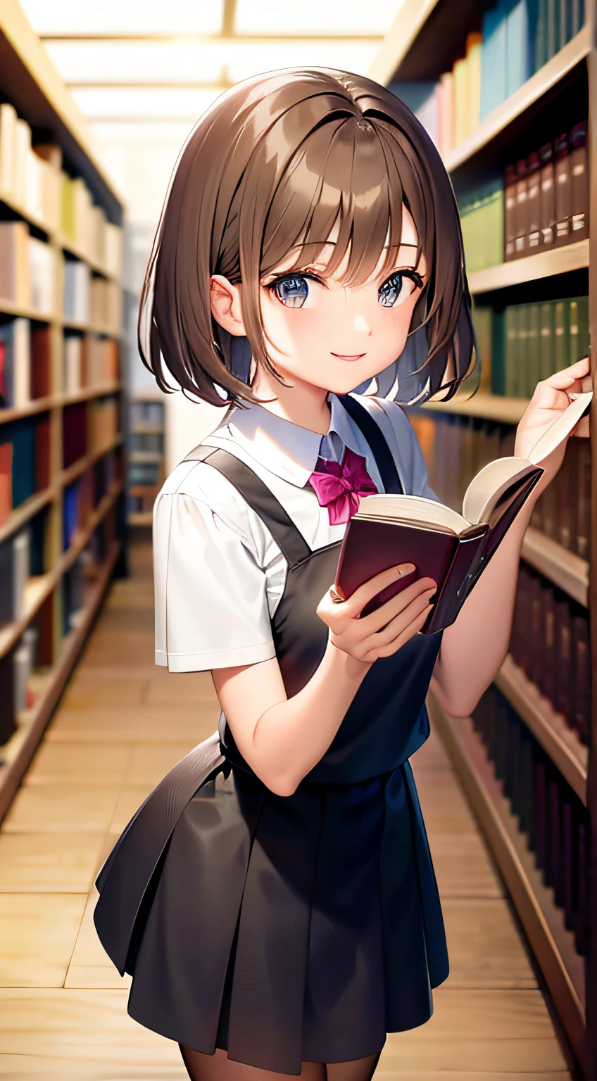 teens girl　Brown hair　short-haired　A smile　Fantasy clothes　Inside the library　发光　Holding a book