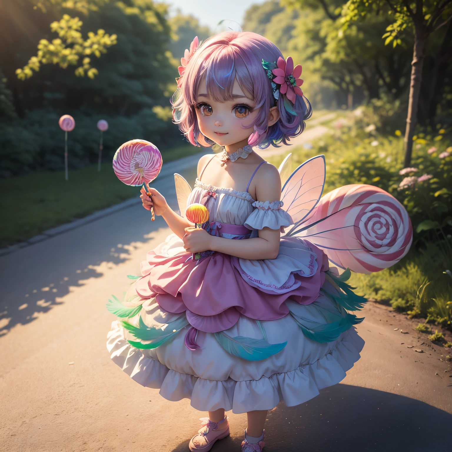 ​masterpiece、top-quality、ultra-detailliert、(Chibi Chara Fairy:1.27),(rainbow gradient feathers:1.2),(In her hands she holds a bouquet of lollipop candies:1.32),The background is a fairytale forest,A smile,Full-body standing figure,