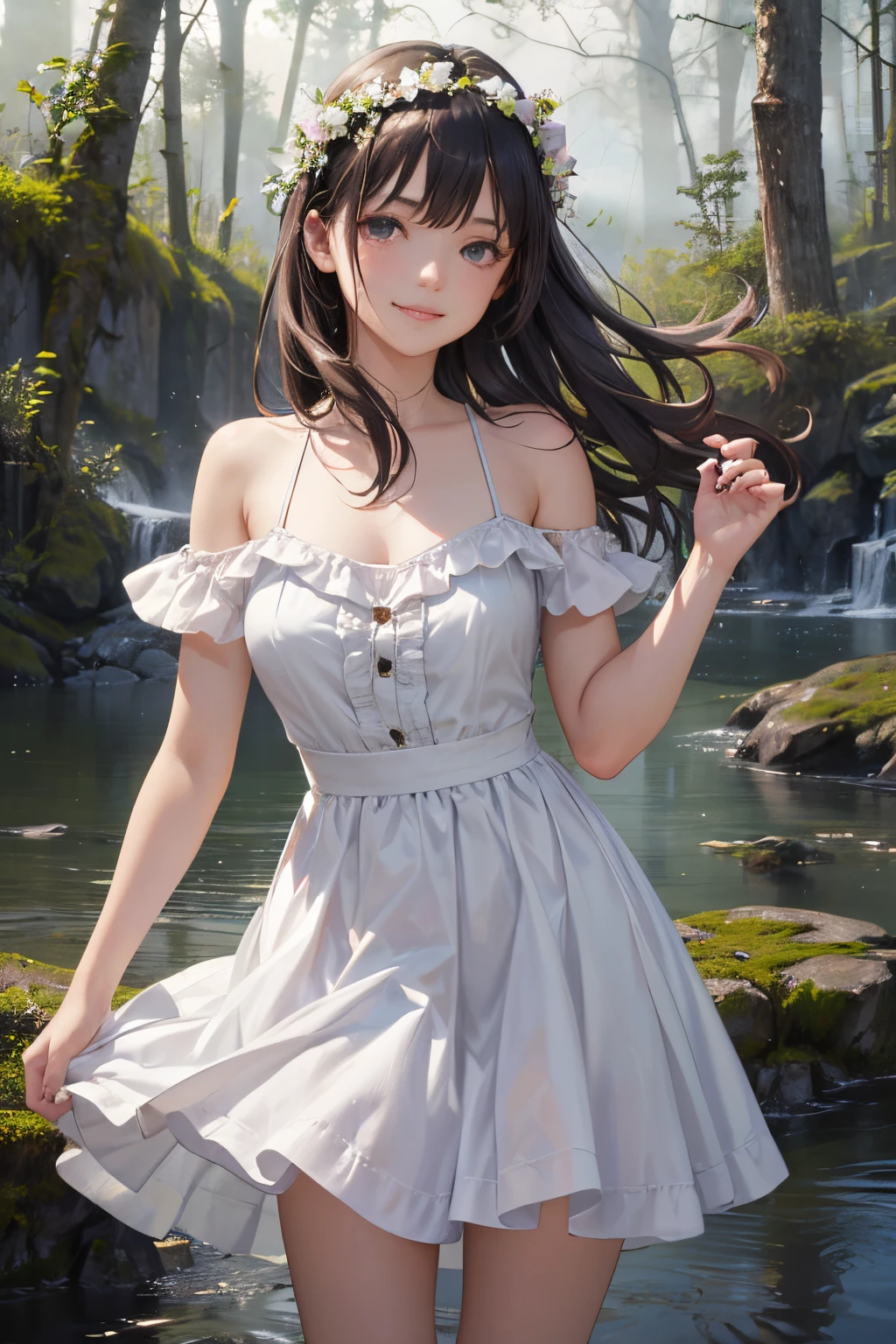 very cute and beautiful girl,white sun dress with detailed frills,(highly detailed beautiful face and eyes:1.2),
cowboy shot,detailed legs,smile,black hair,flower crown,
(standing by water spring in forest),fog,fantastic stone monument,detailed landscape,
(best quality,masterpiece:1.2),(intricate details),extremely detailed,highres,solo,
cinematic lighting,dim light,dynamic angle,hair fluttering in the wind,(realistic),