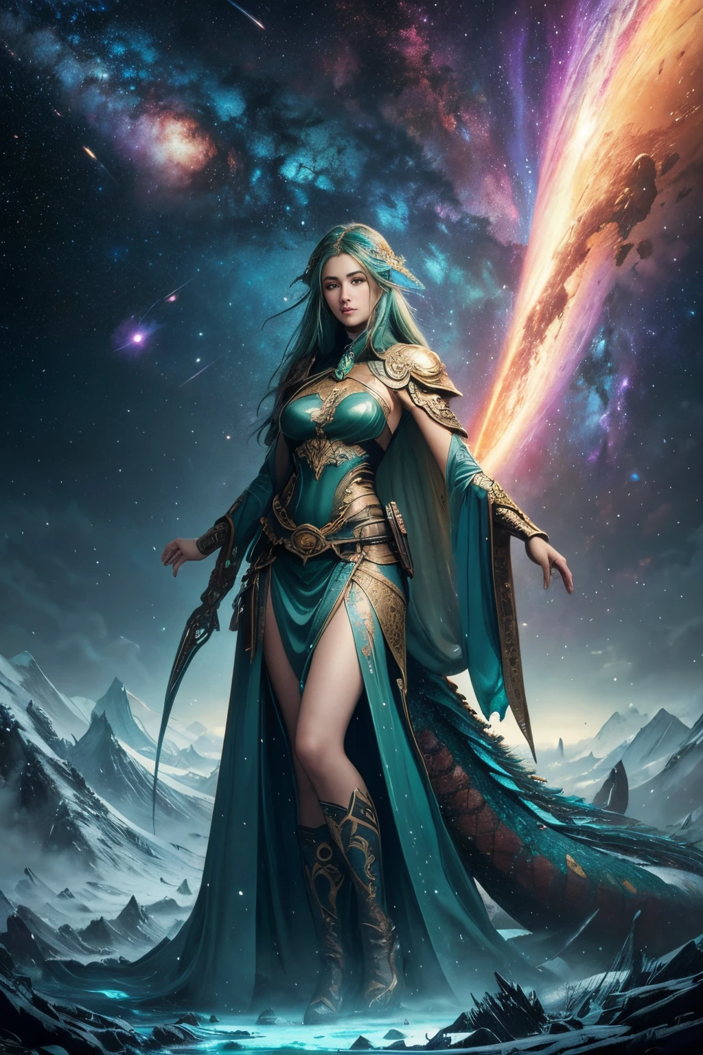 Luis Royo full body length Beautiful women freckles green and gold hair turquoise eyes Colorful in nature two dragons around Gone is the beautiful colorful aurumn and come snow winter, China mountain landscapes with cold waterfalls and beautiful snowing trees, fantastic, galaxy in the sky, purple nebula, aesthetic galaxy, milky way in the sky, planet, light art, high contrast, Technicolor, Hyperdimensional, Multiverse, visionary otherworldly, giant scale, Hyper detailed, Intricately Detailed, Super Resolution, High Resolution, Hyper reslolution, HD, faith-inspired art, magewave, noah bradley, balance and harmony, horizons