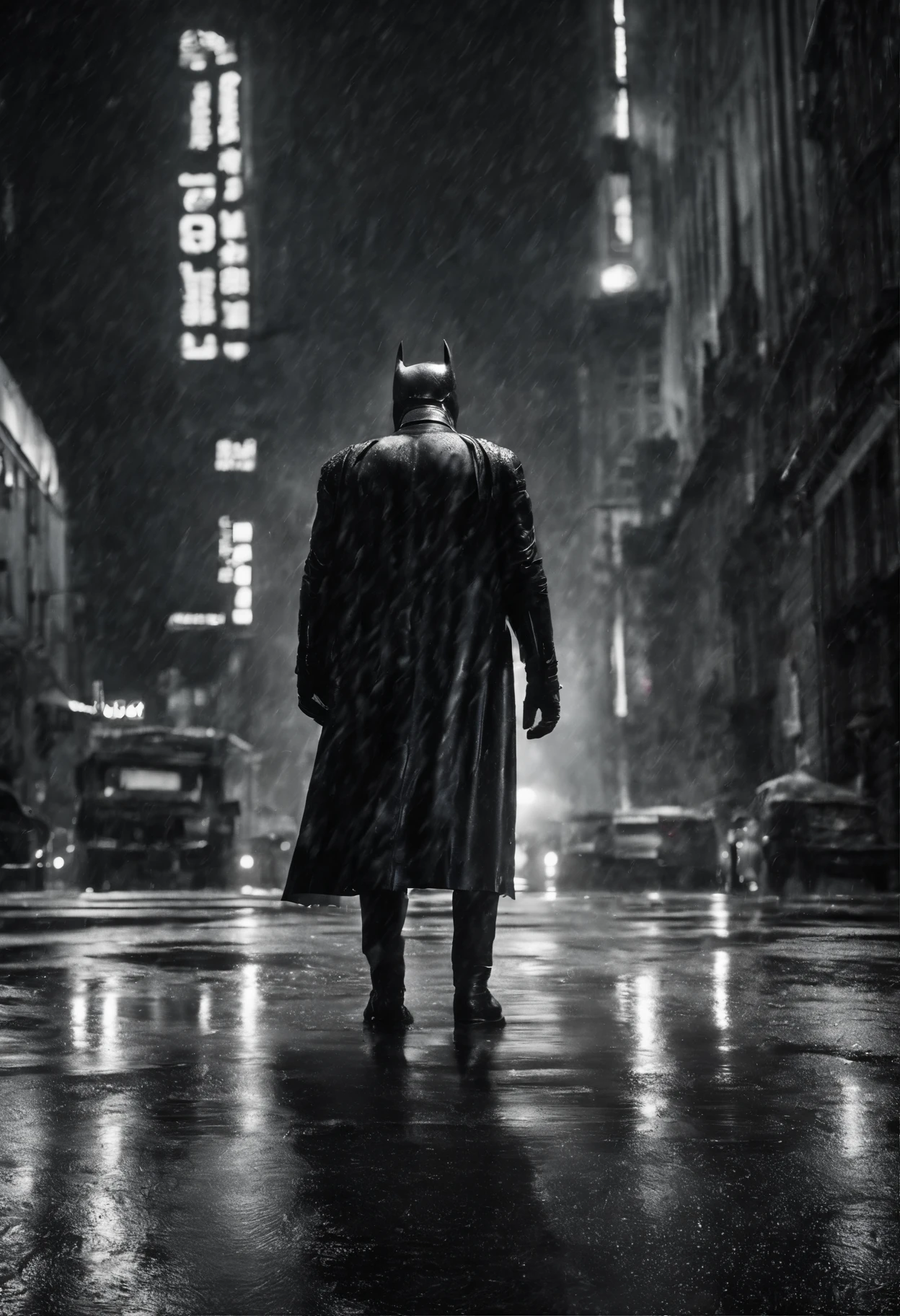 Batman looking over the city, it’s heavily raining, he is sad, a lot of rain, it’s black and white neon lights, high quality, high detail, 8k