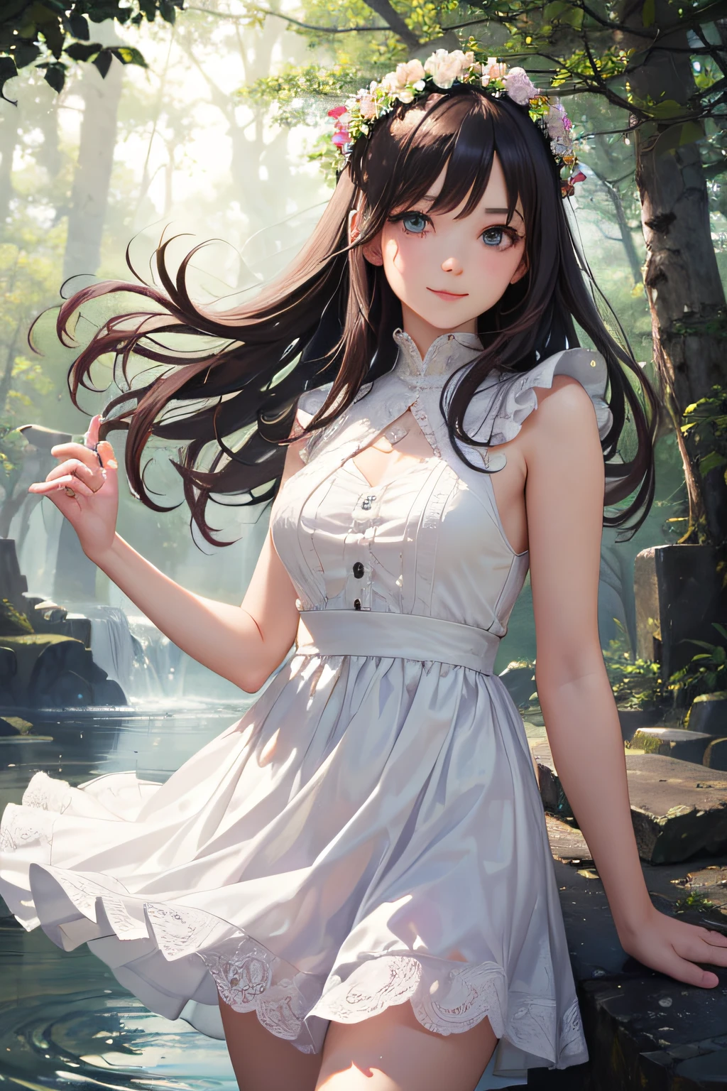 very cute and beautiful girl,frilled white sun dress with detailed lace,(skirt lift,white panties),
(highly detailed beautiful face and eyes:1.2),cowboy shot,(smile),black hair,flower crown,
(standing by water spring in forest),fog,fantastic stone monument,detailed landscape,
(best quality,masterpiece:1.2),(intricate details),extremely detailed,highres,solo,
cinematic lighting,dim light,32k,dynamic angle,hair fluttering in the wind,