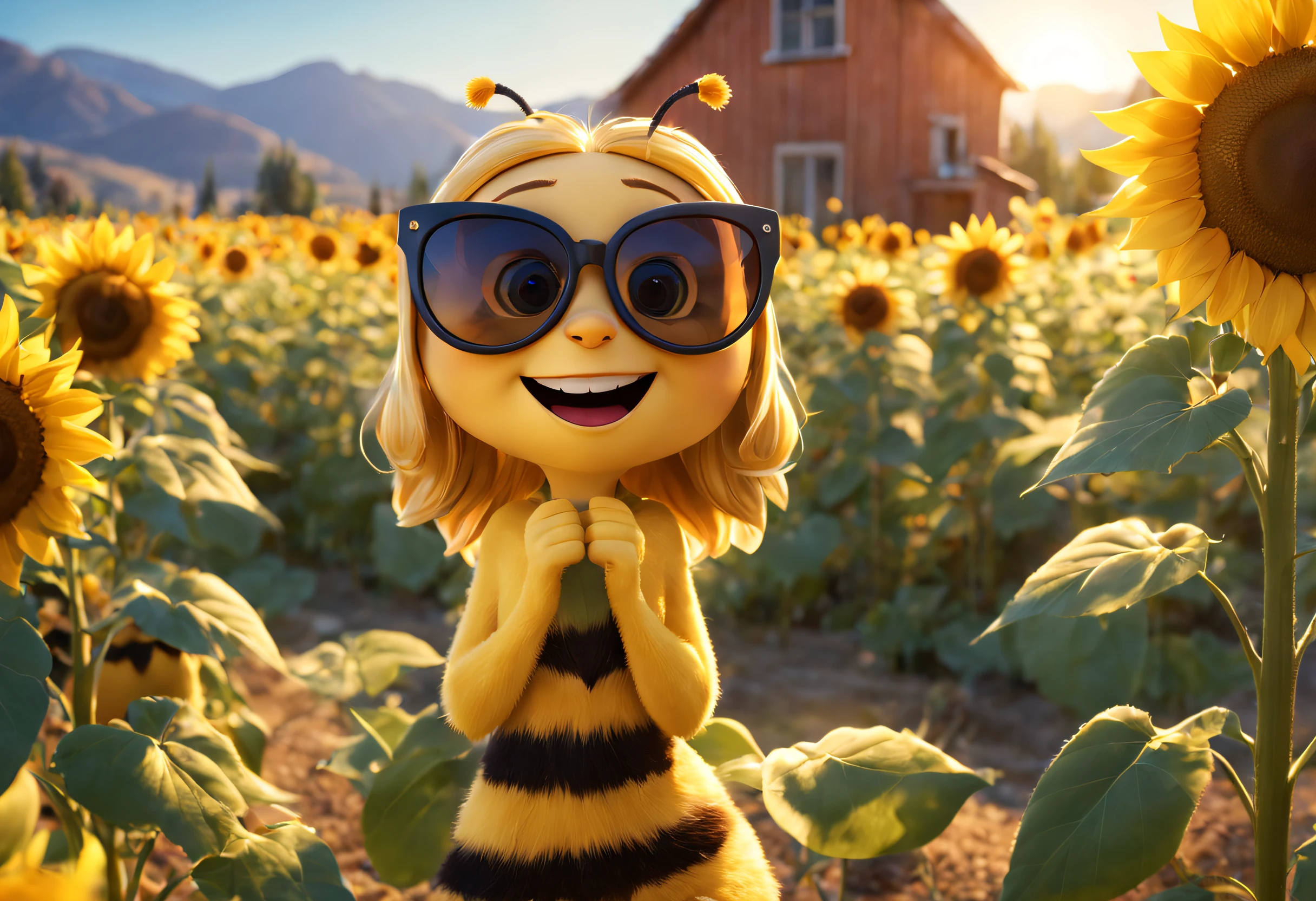 best quality,high-res,3D rendering,close-up,flirty bee with sunglasses,sunflower,backlit construction scene,pixar cartoon style,vibrant colors,warm sunlight,elegant shadows