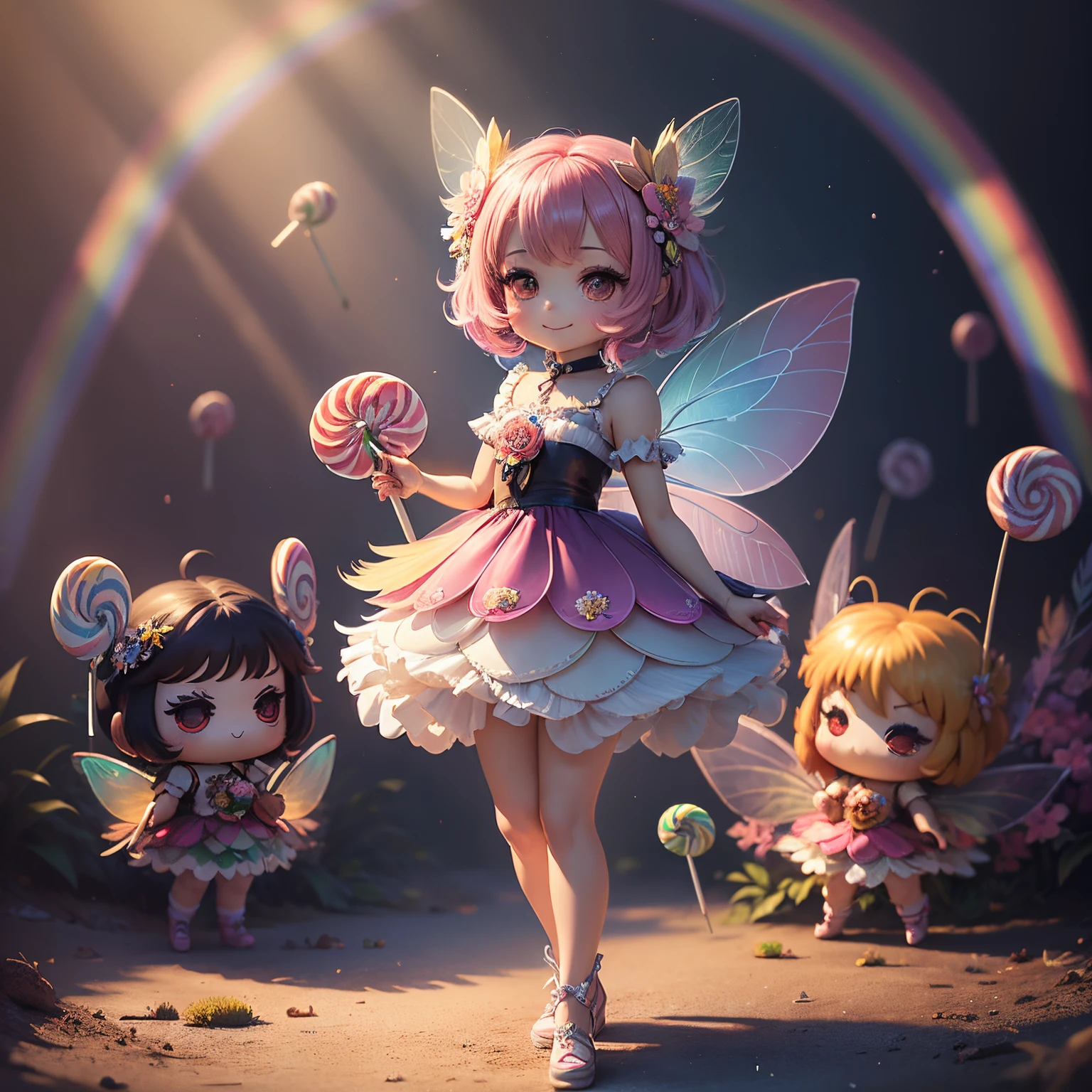 masterpiece、top-quality、ultra-detailliert、(Chibi Chara Fairy:1.27),(rainbow gradient feathers:1.2),(In her hands is a bouquet of lollipop candies:1.32),The background is a fairy tale summer forest.,A smile,Full-body standing figure,