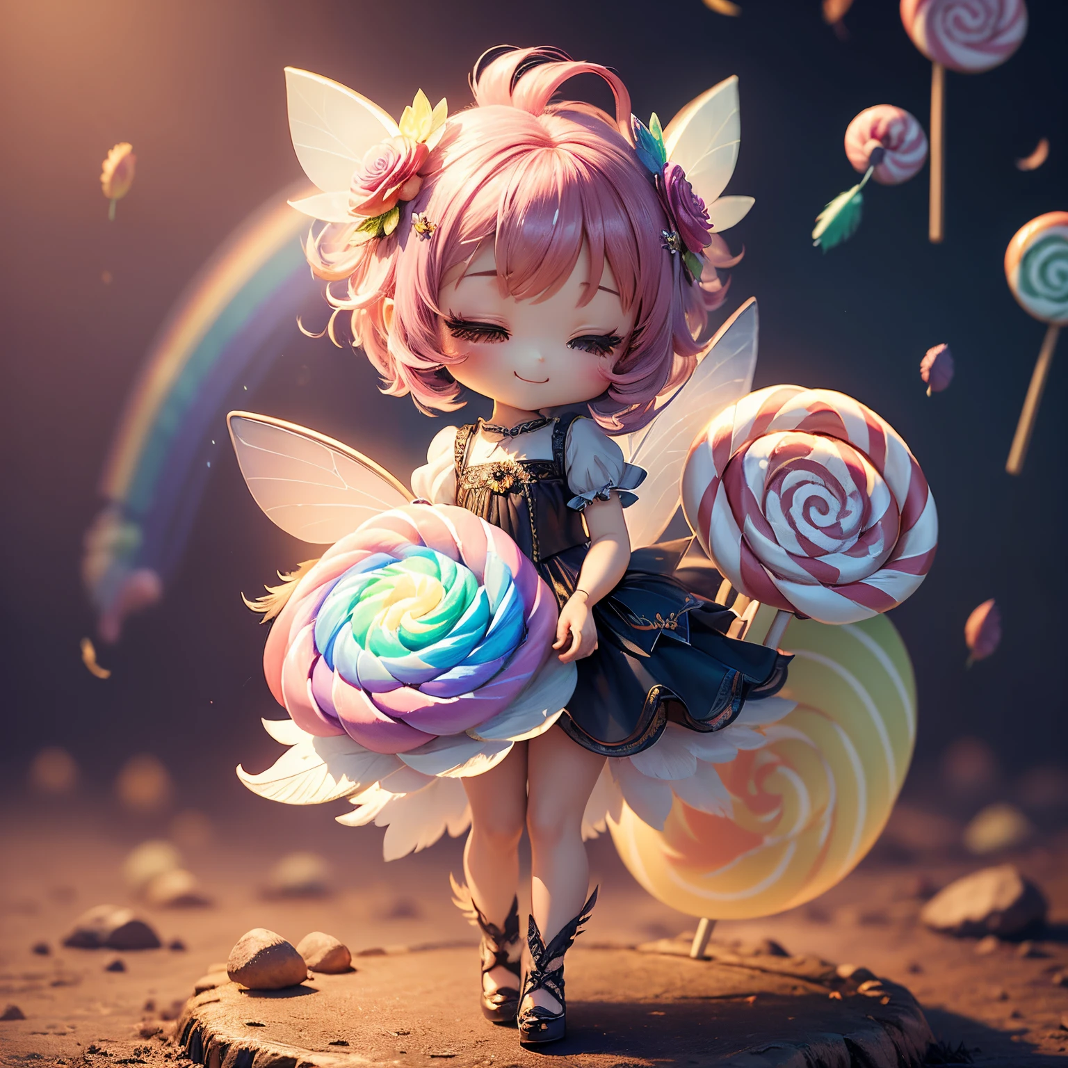masterpiece、top-quality、ultra-detailliert、(Chibi Chara Fairy:1.27),(rainbow gradient feathers:1.2),(In her hands is a bouquet of lollipop candies:1.32),The background is a fairy tale summer forest.,A smile,Full-body standing figure,