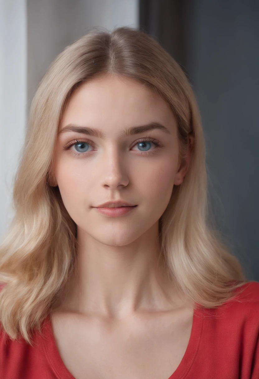 RAW photo in sequence, a photo of a 18-year-old ager, ((selfie from the full upper body of the body, happy)), full length, detailed photos, detailed, studio photo, natural light, HDR, realistic photos, professional photos, professional photos, visual business, photorealista, natural skin, 8k UHD, high quality, filmic grain, Fujifilm XT3, blonde hair, blue eyes, Olivia Dunn, Detailled touch, red collared shirt, face straight to camera