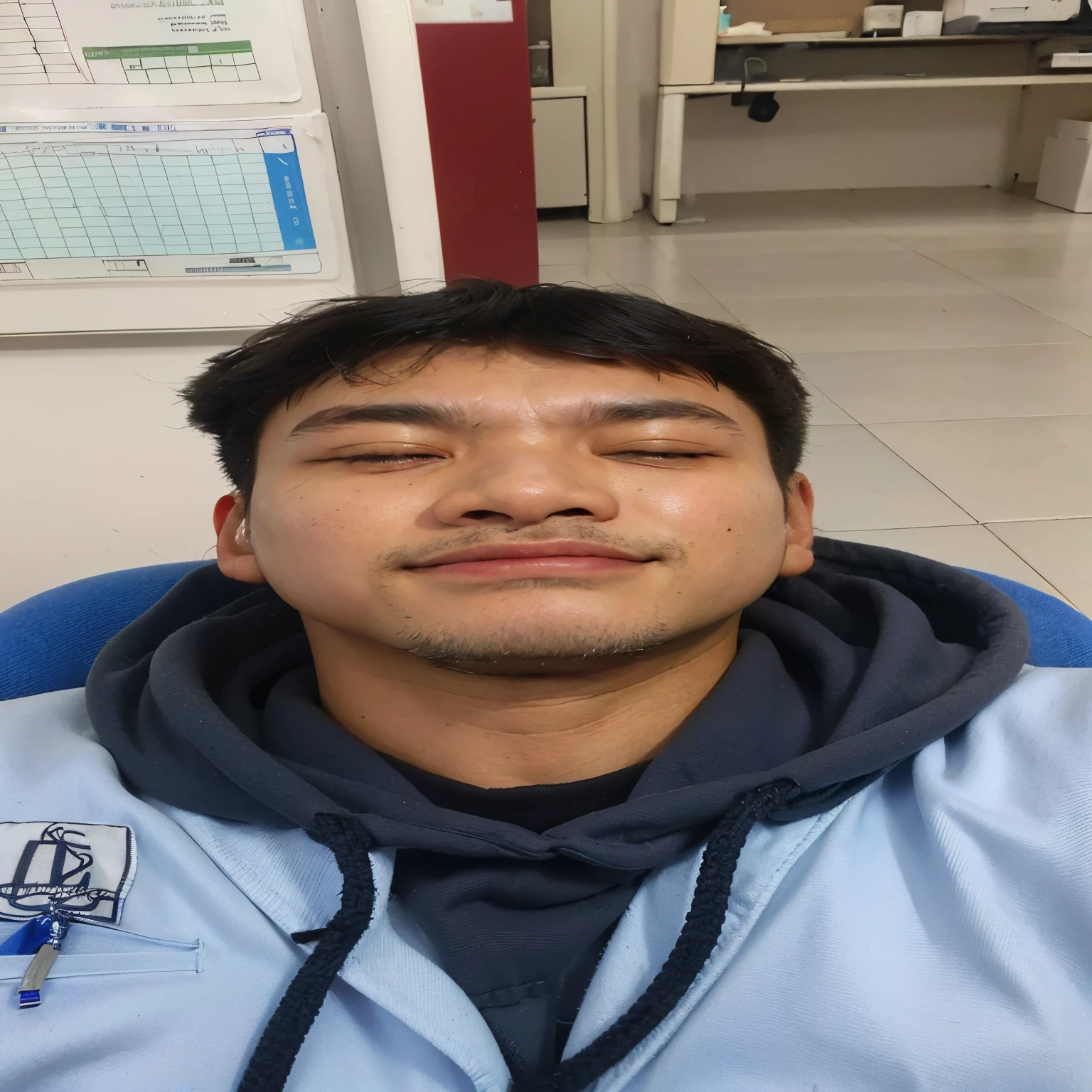 there is a man sitting in a chair with his eyes closed, south east asian with round face, face picture, with accurate face, frontal picture, nivanh chanthara, sleepy expression, 2 7 years old, chilled out smirk on face, face photo, 8k selfie photograph, front profile!!!!, selfie photo, with round face, bored expression