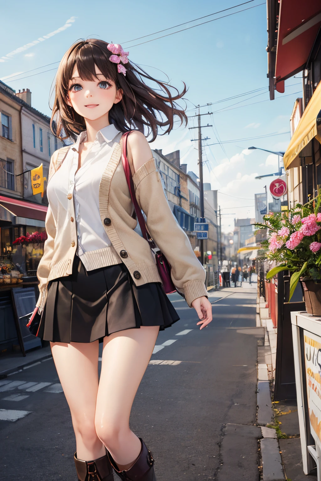 very cute and beautiful girl,(highly detailed beautiful face and eyes:1.2),(white blouse),
smile,(mid shot:1.15),looking at viewer,
(beige cardigan:1.2) BREAK detailed legs,zettai ryouiki,brown shoulder bag,(brown boots:1.2),
dynamic pose,dynamic angle,hair ornament,black hair,(black mini skirt:1.2),shopping street,cafe terrace,flower shop,
(best quality,masterpiece:1.2),intricate details,extremely detailed,8k resolution,solo,natural lighting,
hair fluttering in the wind,beautiful detailed sky,(realistic),