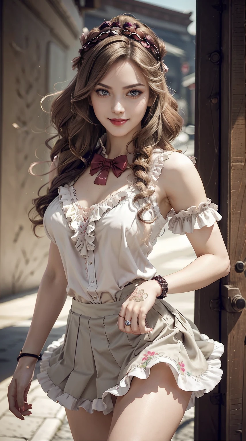 a 25yo woman、Hair color is a gradient color、eye color is brown、Semi-long、hair is wavy、wearing eye shadow and lipstick、I'm wearing a decorated headband、accessories on wrist、Slender but well-proportioned muscular body、wearing a frilly blouse、I'm wearing a low-rise pleated skirt、huge tit、a smile