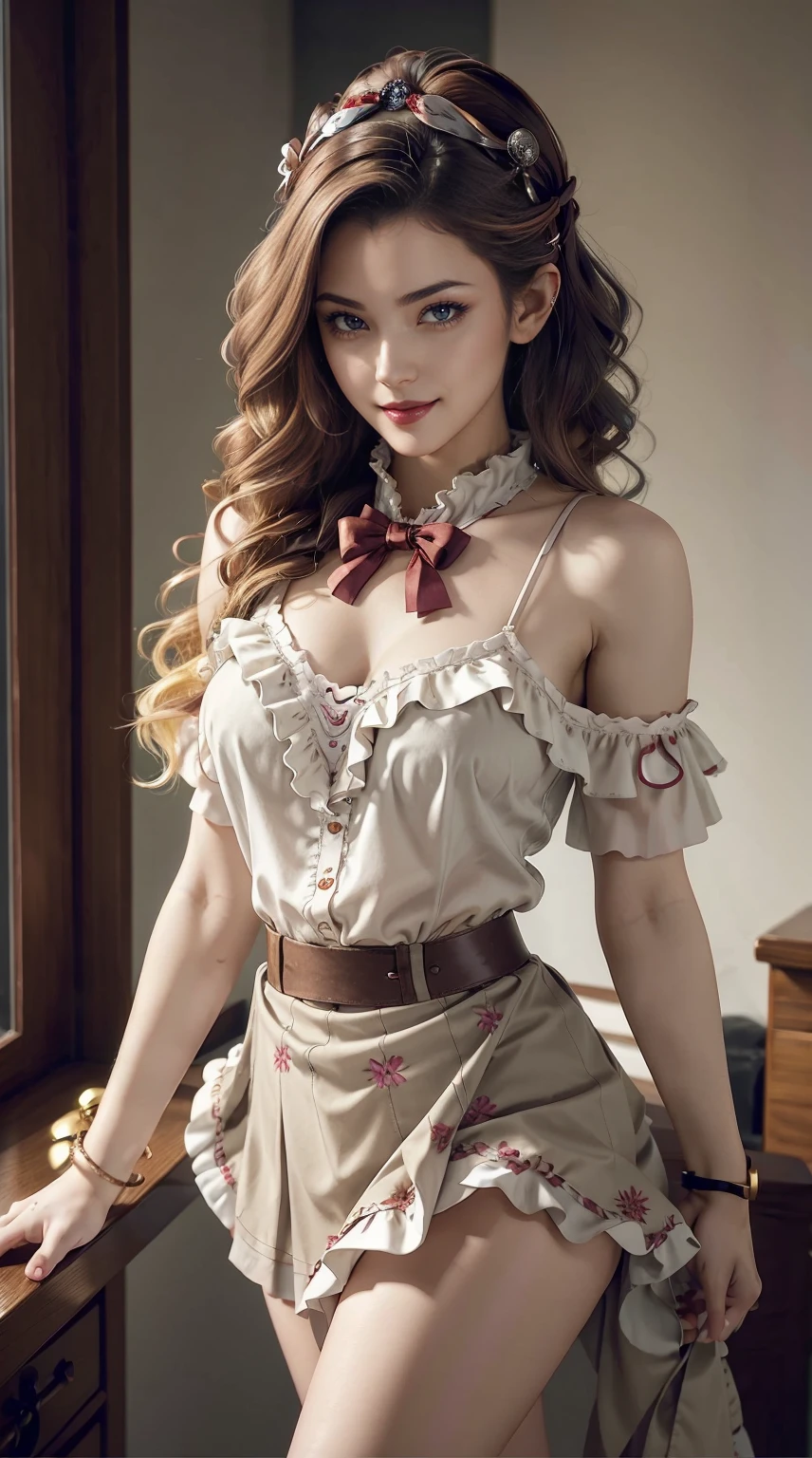 a 25yo woman、Hair color is a gradient color、eye color is brown、Semi-long、hair is wavy、wearing eye shadow and lipstick、I'm wearing a decorated headband、accessories on wrist、Slender but well-proportioned muscular body、wearing a frilly blouse、I'm wearing a low-rise pleated skirt、huge tit、a smile、Inside a Gothic building