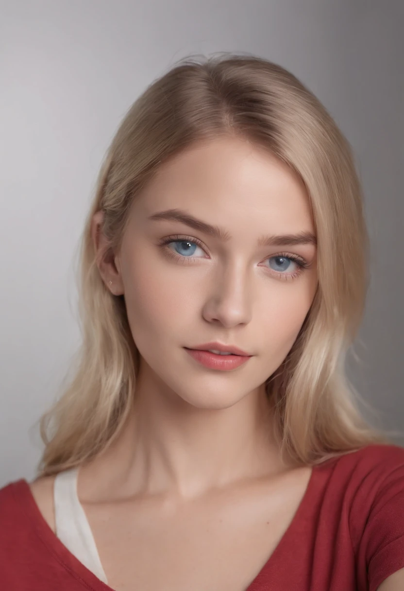 RAW photo in sequence, a photo of a 18-year-old teenager, ((selfie from the full body of the body, happy)), full length, detailed photos, detailed, studio photo, natural light, HDR, realistic photos, professional photos, professional photos, visual business, photorealista, natural skin, 8k UHD, high quality, filmic grain, Fujifilm XT3, blonde hair, blue eyes, Olivia Dunn, Detailled touch, red collared shirt, face straight to camera