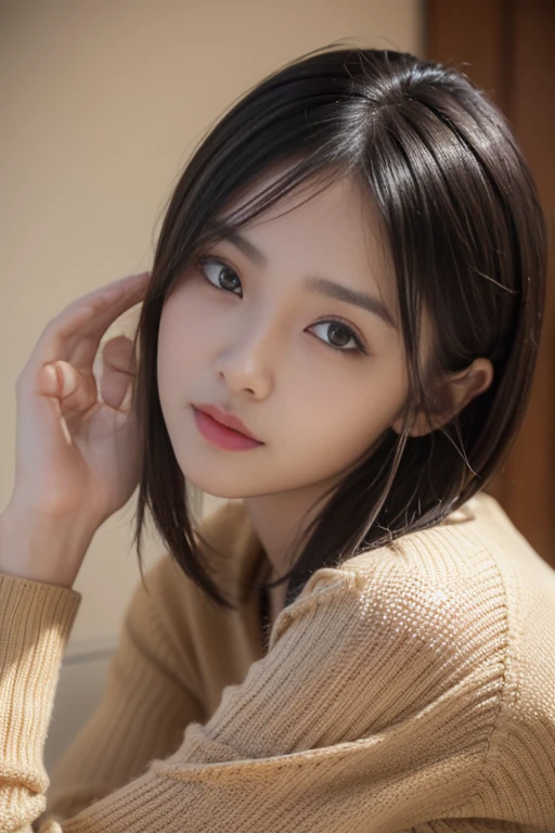 (masuter piece:1.3)、(8K、Photorealsitic、Raw photography、top-quality: 1.4)、(1girl in)、美丽的面容、(Lifelike face)、(A dark-haired、short-hair:1.3)、Beautiful hairstyle、realistic eyes beautiful details、（real looking skin）、Beautiful skins、（gold sweater）,enticing、超A high resolution、A hyper-realistic、high-detail、the golden ratio,Kulikli's Eye、Minami Hamabe