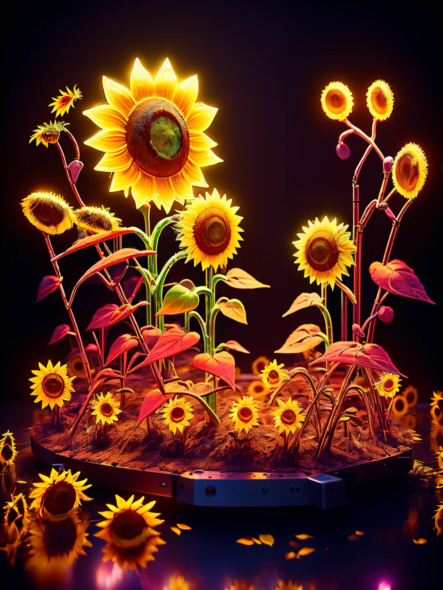 (((1 transparent luminous sunflower made of mechanical metal, metal petals, mechanical stamens, metal branches and leaves)))，8k，Irridescent color，kawaii，adolable，((themoon，starlights，small garden background))，number art，high high quality，highly  detailed, Mechanical fish