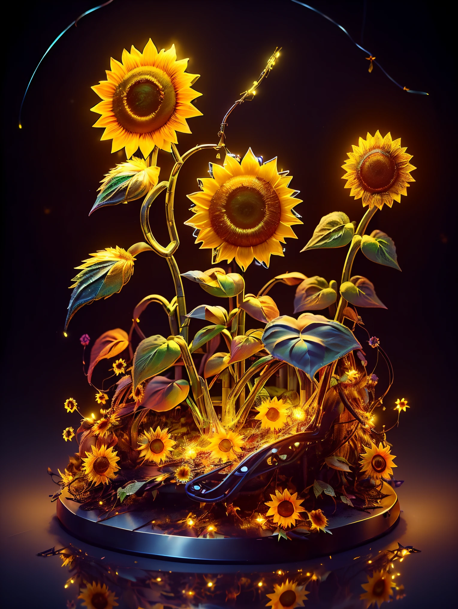 (((1 transparent luminous sunflower made of mechanical metal, metal petals, mechanical stamens, metal branches and leaves)))，8k，Irridescent color，kawaii，adolable，((themoon，starlights，small garden background))，number art，high high quality，highly  detailed, Mechanical fish