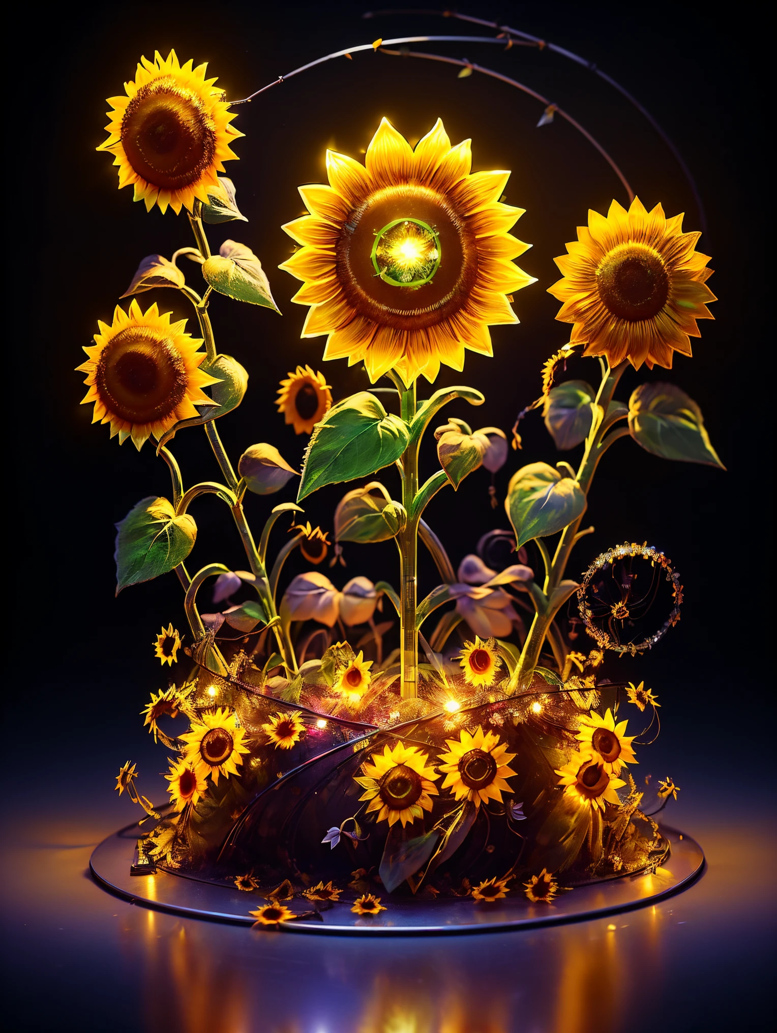 (((1 transparent luminous sunflower made of mechanical metal, metal petals, mechanical stamens, metal branches and leaves)))，8k，Irridescent color，kawaii，adolable，((themoon，starlights，small garden background))，number art，high high quality，highly  detailed, Mechanical fish